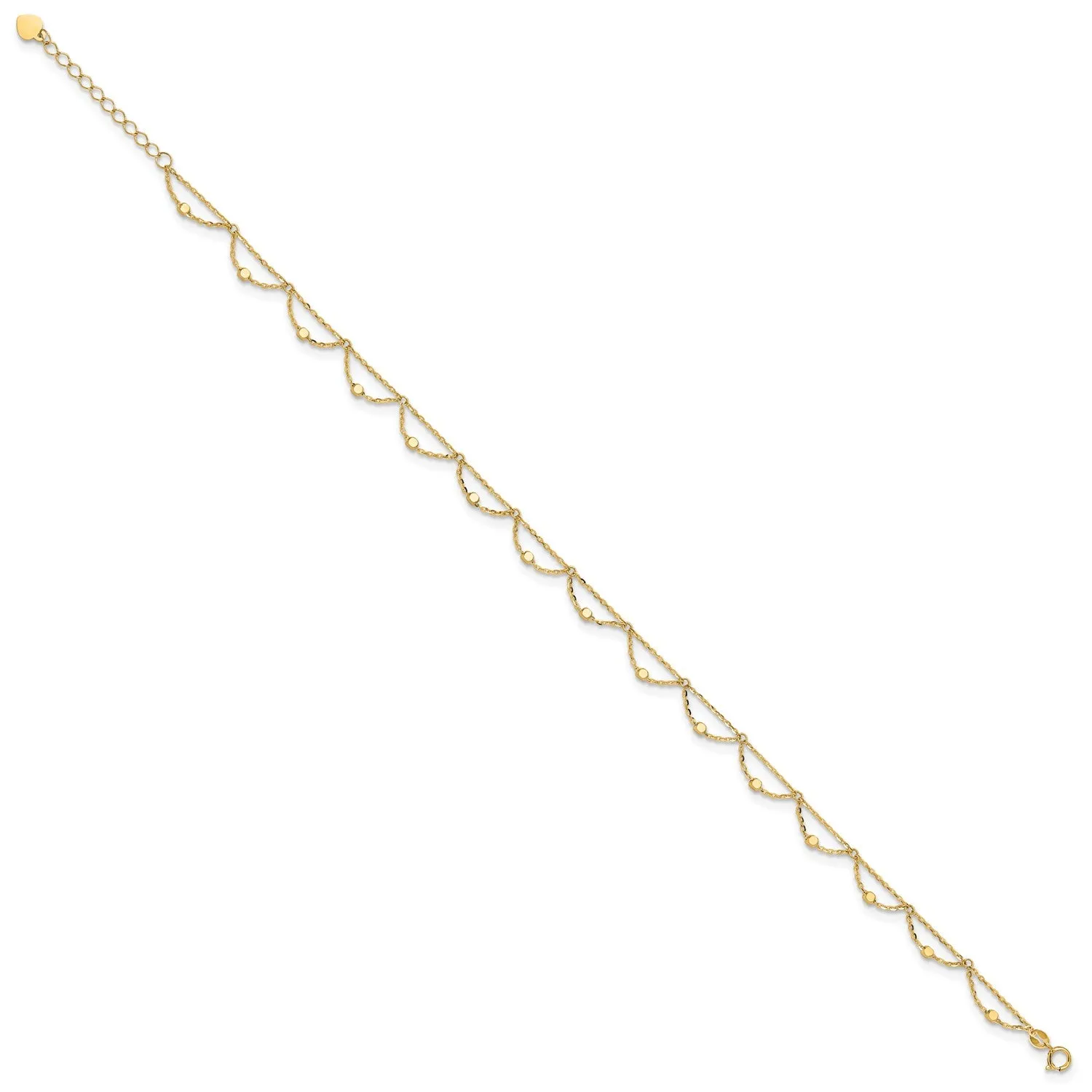 14k Real Yellow Gold High Polished and Diamond-cut Fancy Anklet, 10 Adjustable to 11.5