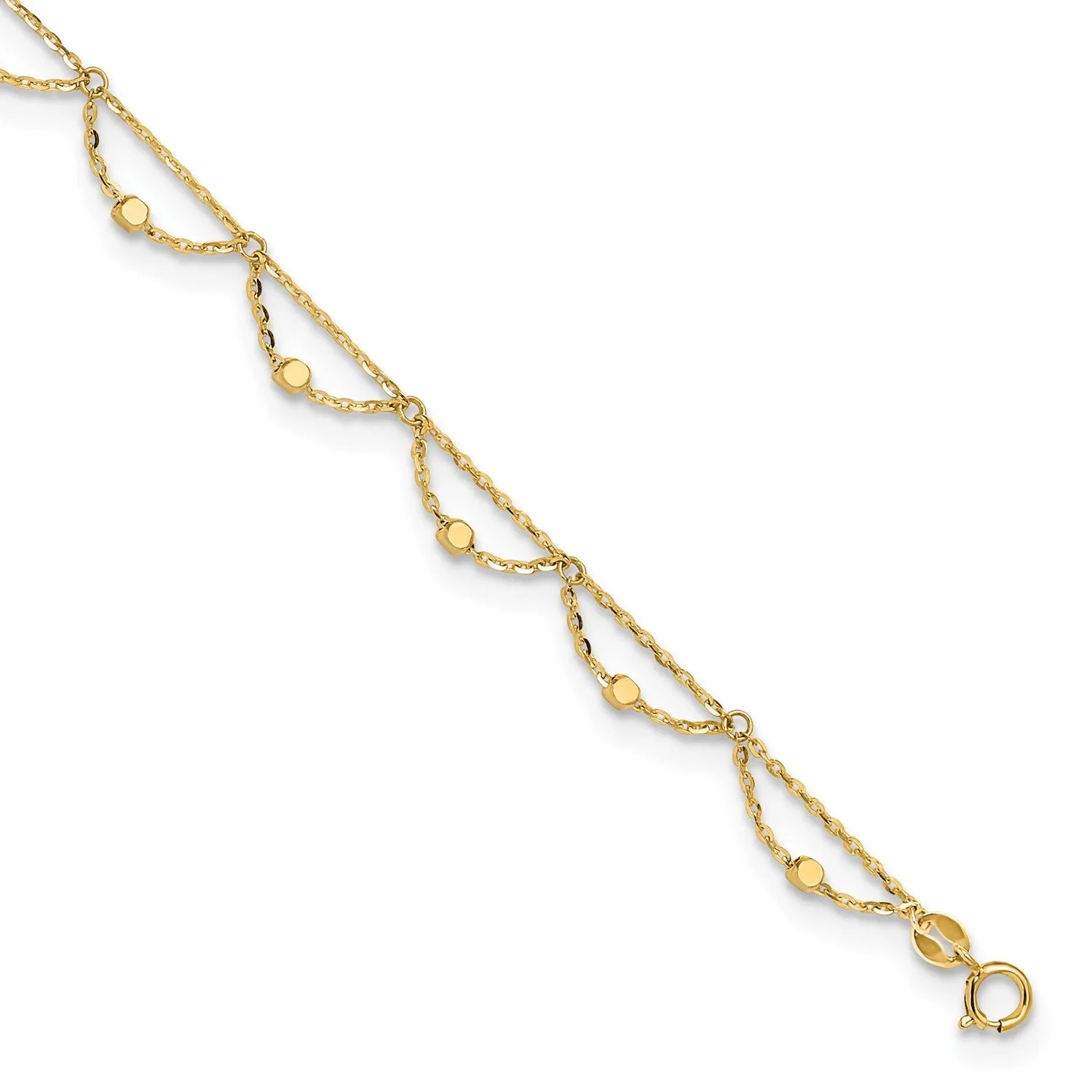 14k Real Yellow Gold High Polished and Diamond-cut Fancy Anklet, 10 Adjustable to 11.5