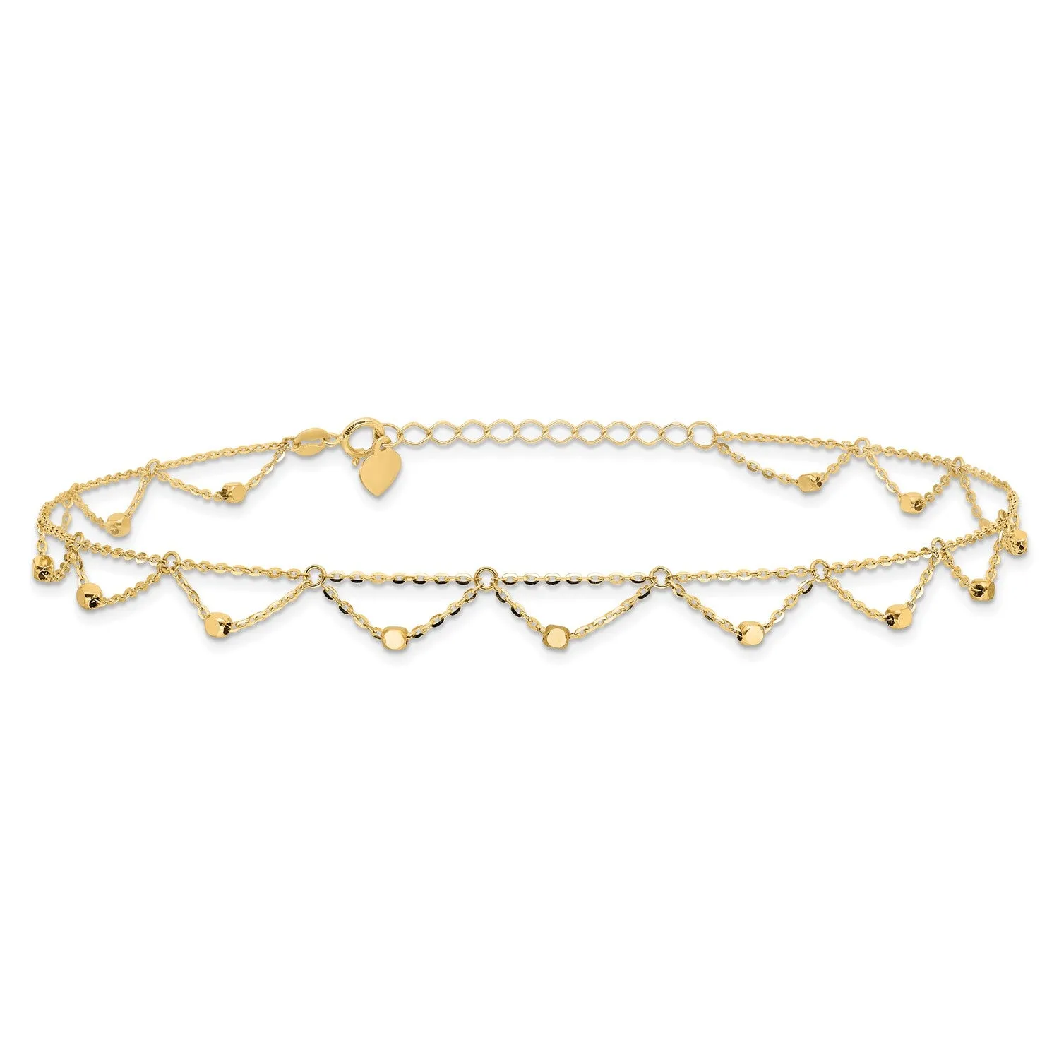 14k Real Yellow Gold High Polished and Diamond-cut Fancy Anklet, 10 Adjustable to 11.5