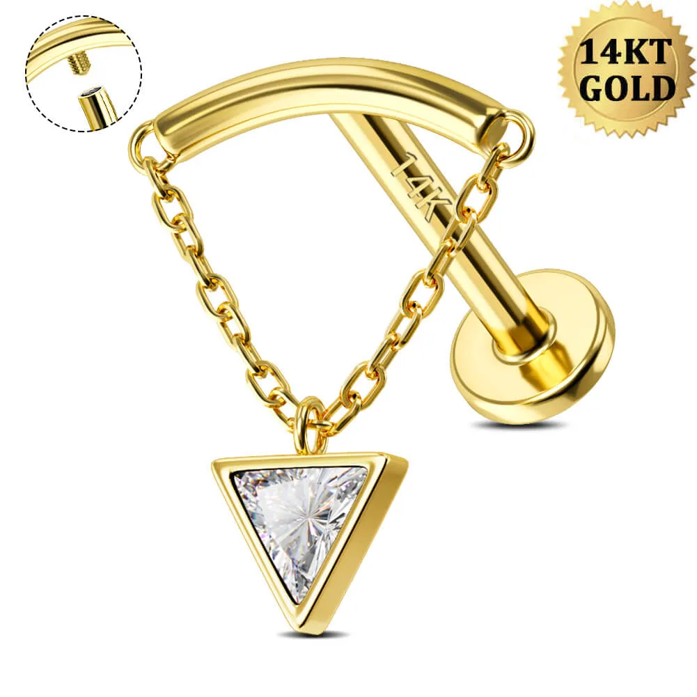 14K Solid Gold Triangle CZ Dangle Internally Threaded Helix Earring