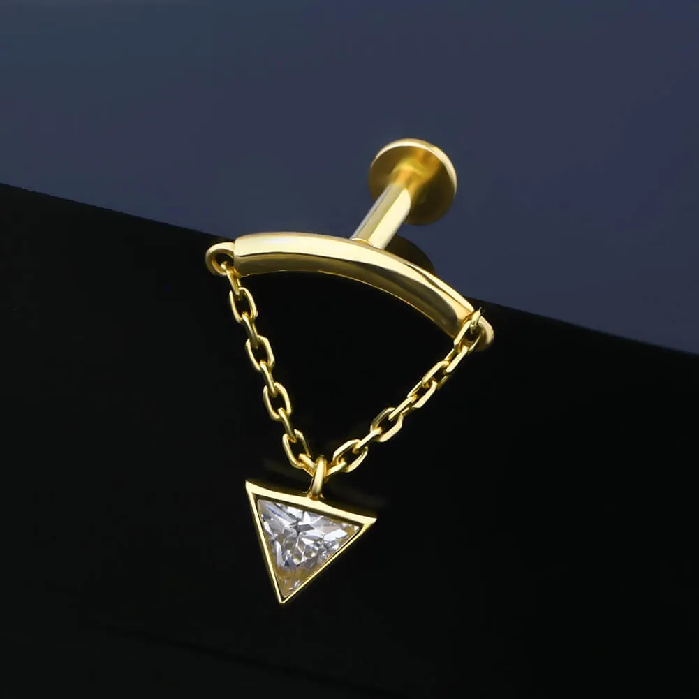 14K Solid Gold Triangle CZ Dangle Internally Threaded Helix Earring