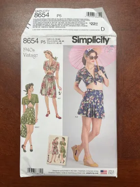 1940's Reproduction Simplicity 8654 Pattern - Skirt, Shorts and Tie-Front Top FACTORY FOLDED