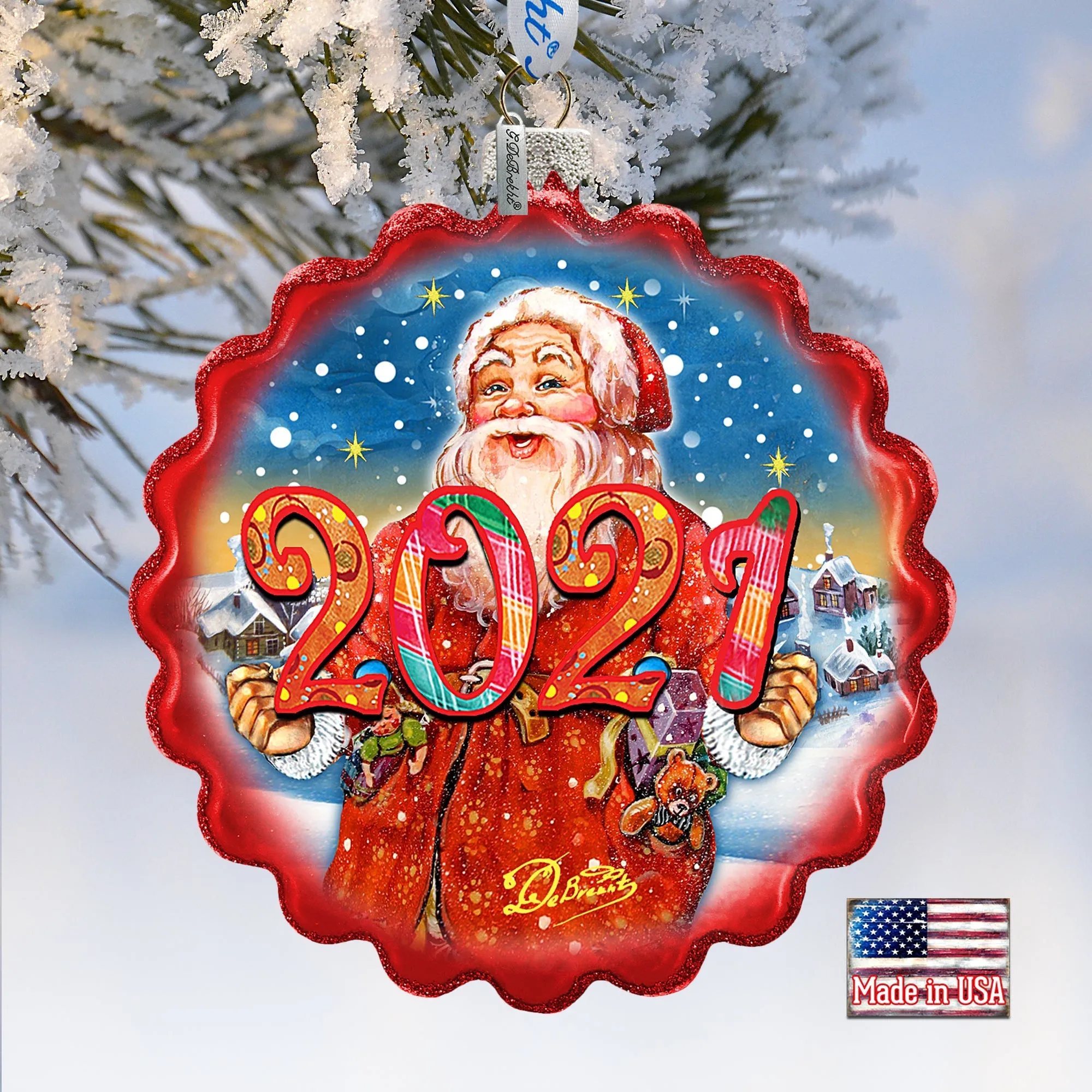 2023 Dated Celebration Santa Wreath Glass Ornament by G DeBrekht - Christmas Decor - 759-040-D23