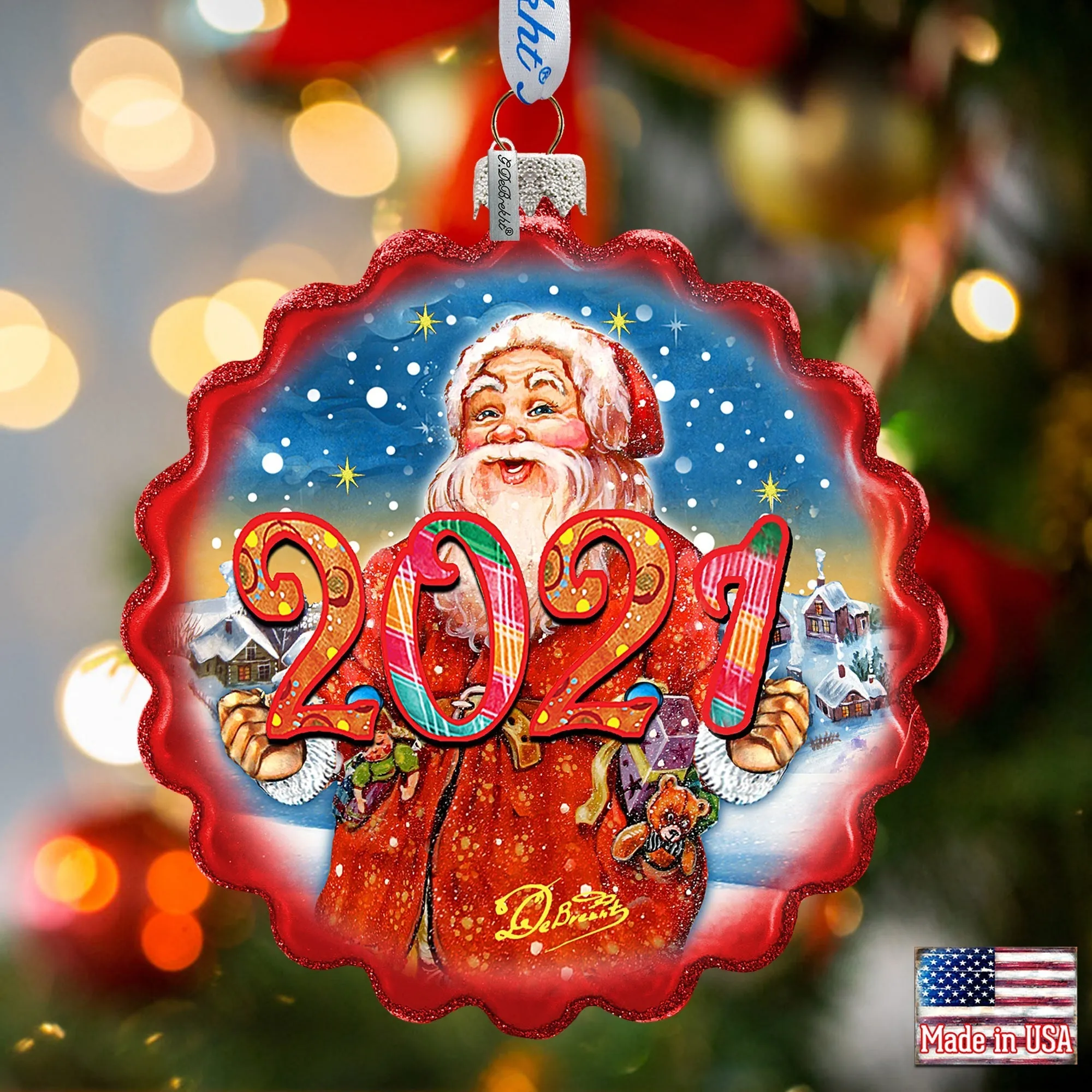 2024 Dated Celebration Santa Wreath Glass Ornament by G DeBrekht - Christmas Decor - 759-040-D24