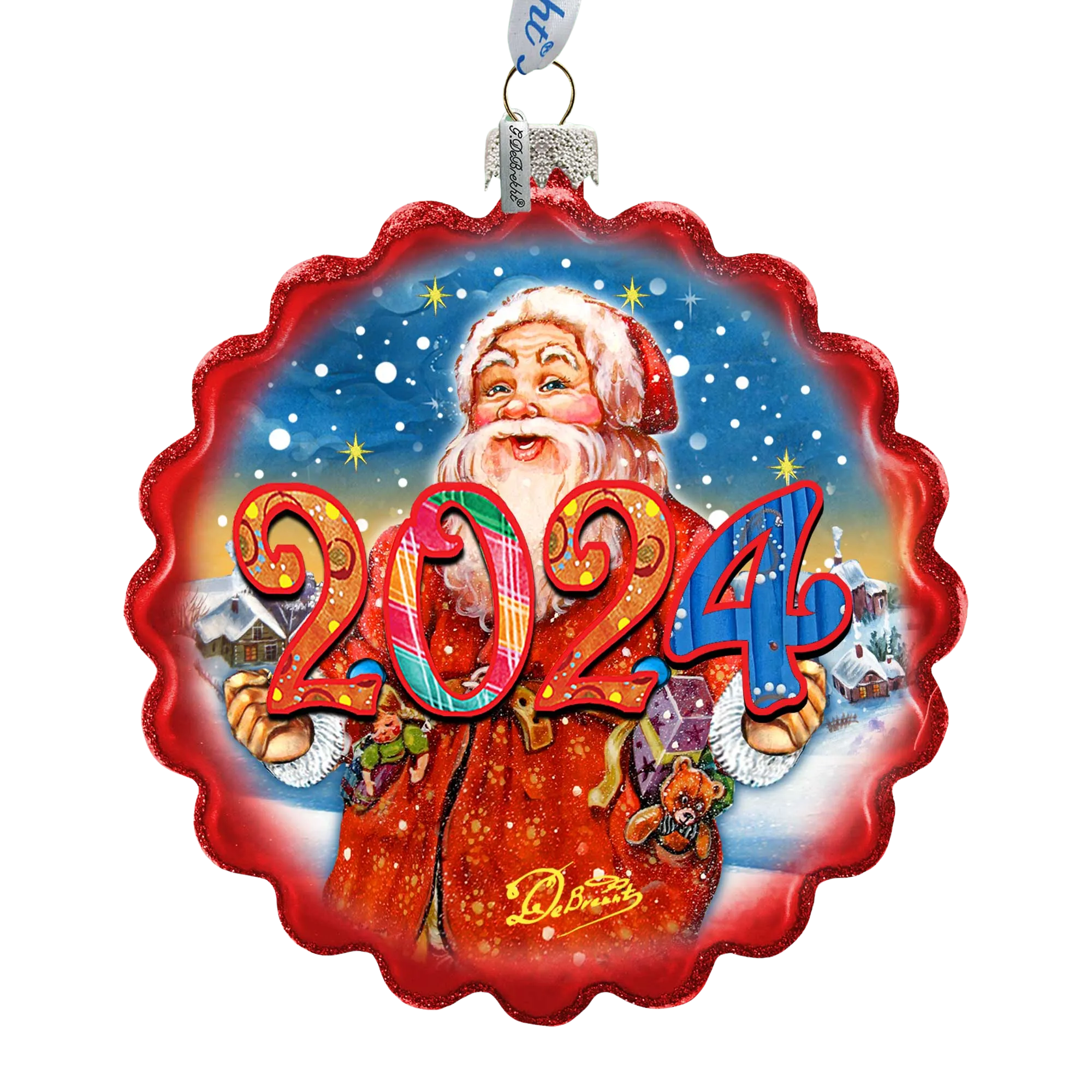 2024 Dated Celebration Santa Wreath Glass Ornament by G DeBrekht - Christmas Decor - 759-040-D24