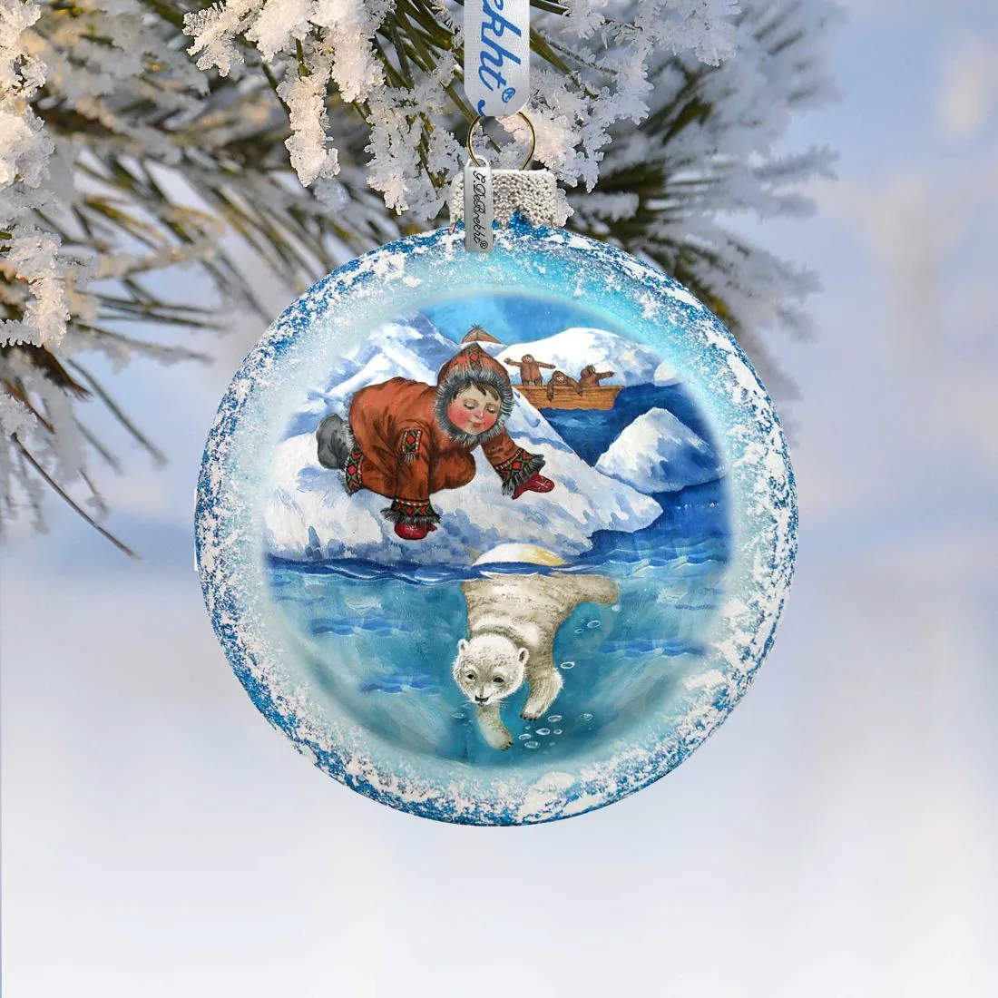 Alaska Boy Polar Bear Glass Ornament by G. DeBrekht - Wildlife Holiday Décor - 744-035