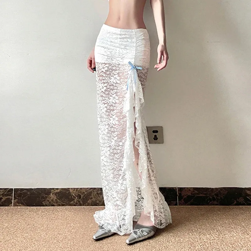 Asymmetrical Fashion White Lace Skirt Women Bow Ruffles See Through Split Korean Style Party Long Skirt Sexy Bottoms