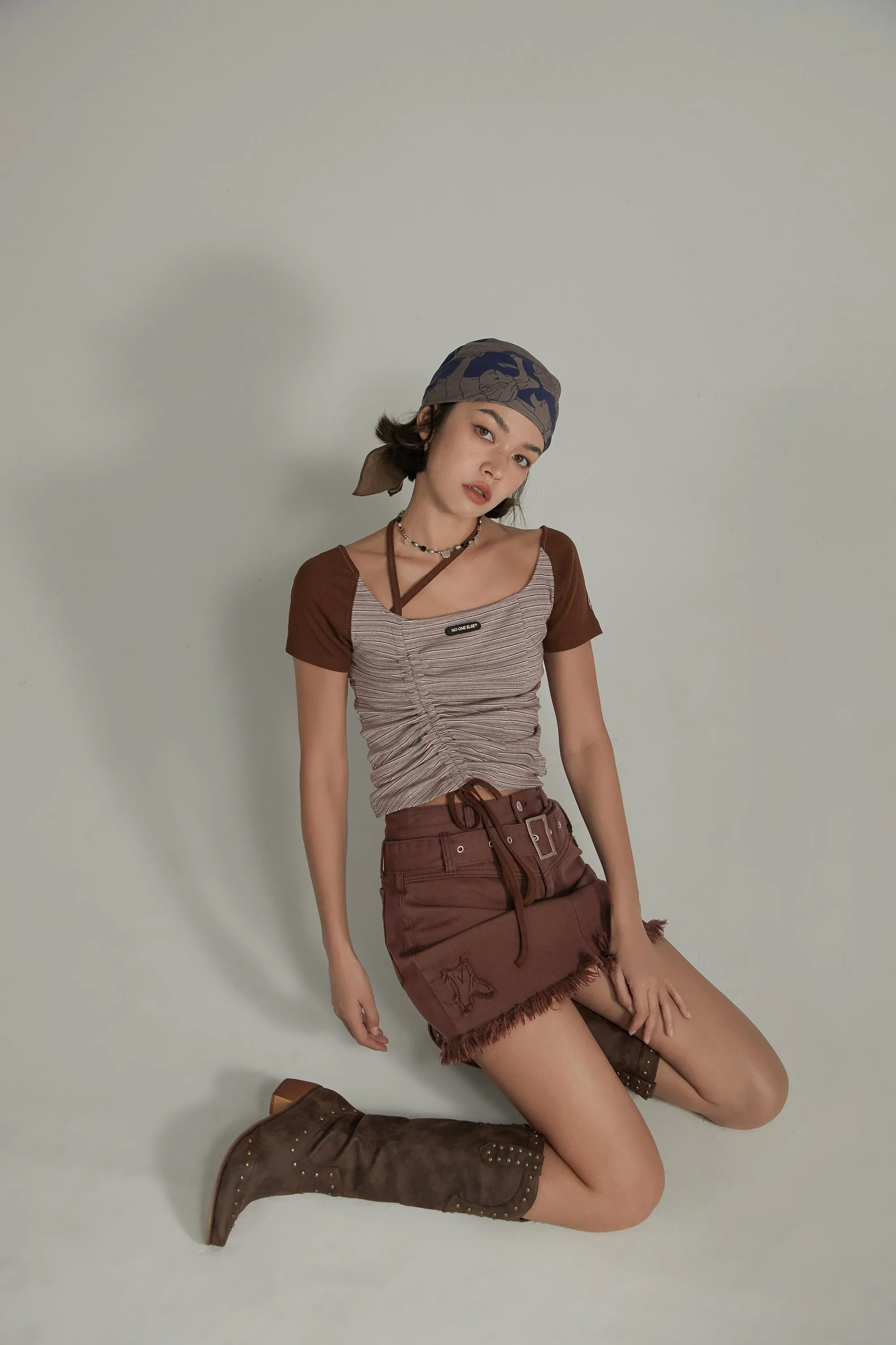 Asymmetrical Halter Neck String Striped Shirring T-Shirt