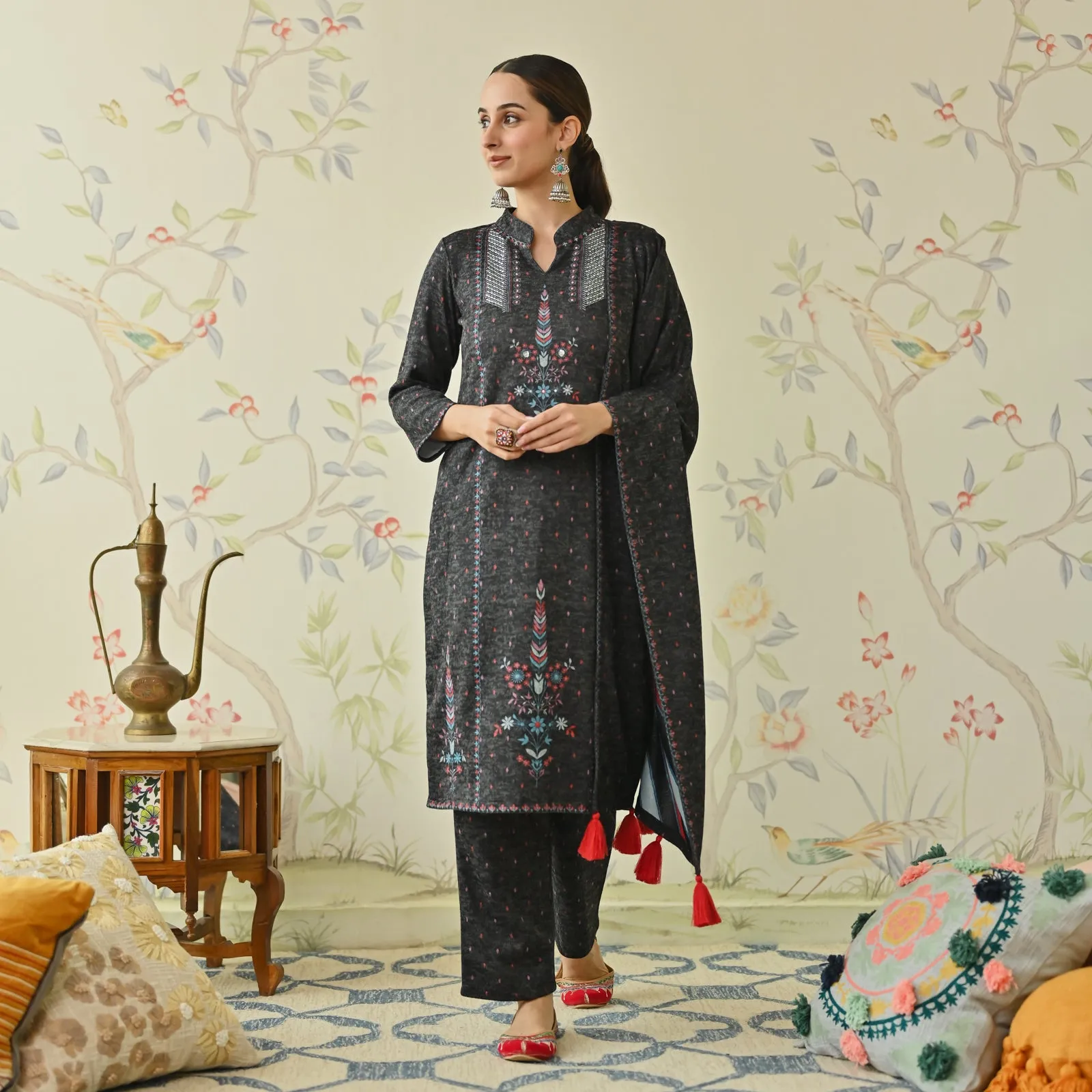 Black Embroidered Woollen Kurta Pant Set with Dupatta