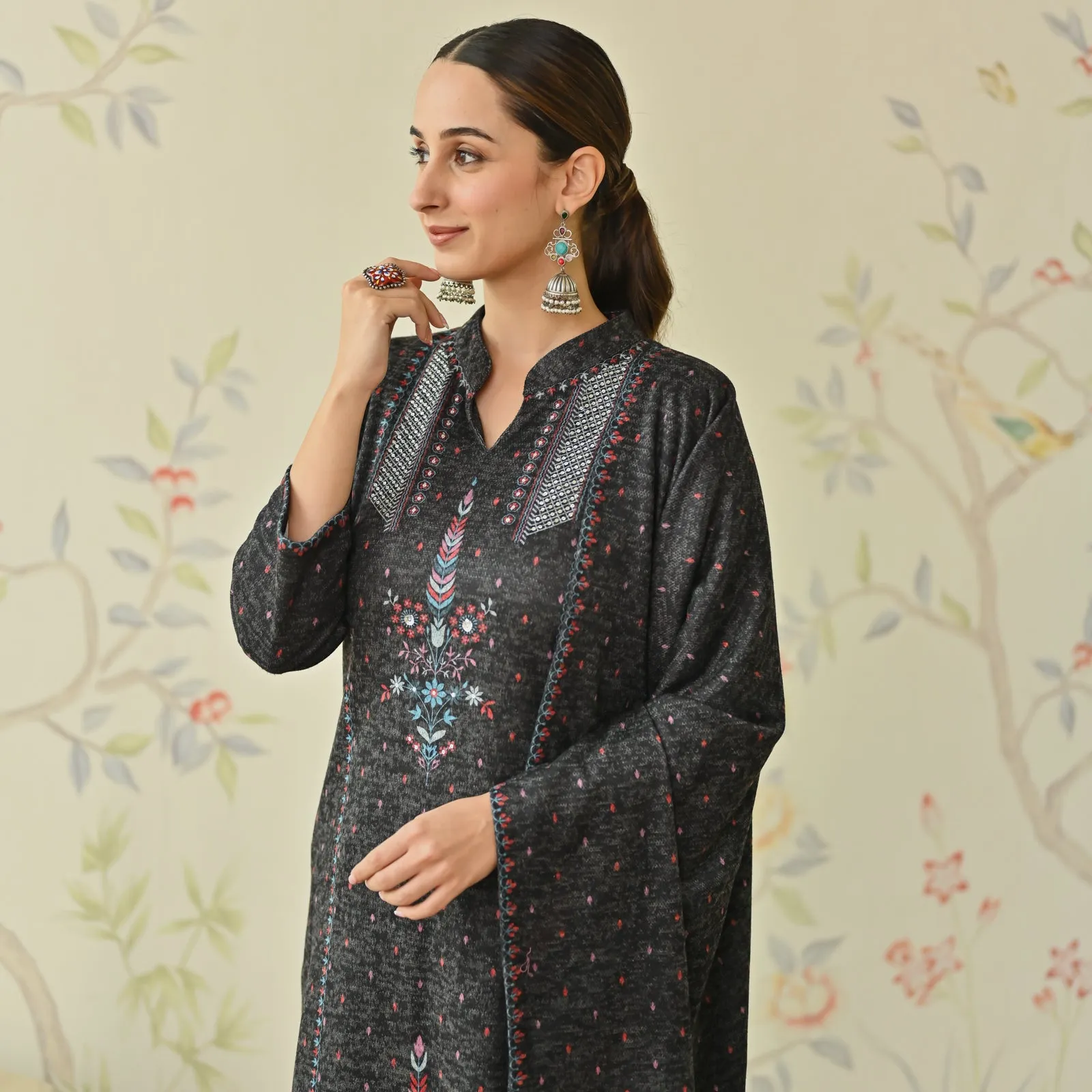 Black Embroidered Woollen Kurta Pant Set with Dupatta