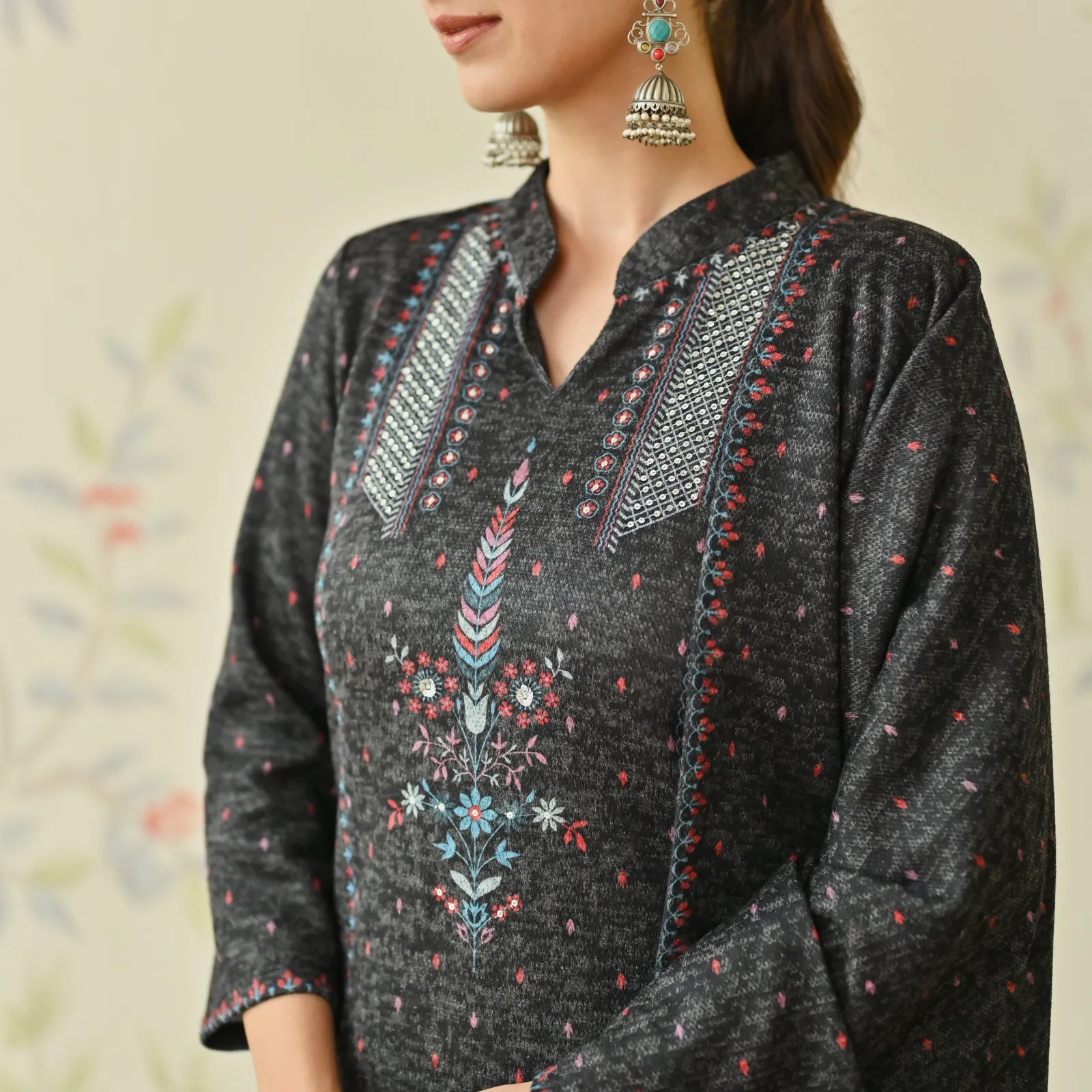 Black Embroidered Woollen Kurta Pant Set with Dupatta