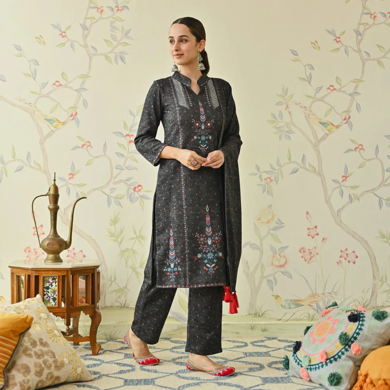 Black Embroidered Woollen Kurta Pant Set with Dupatta