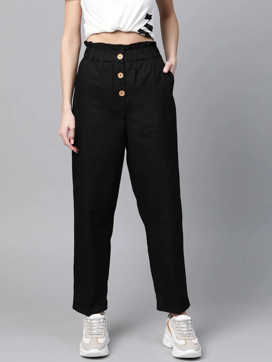 Black Front Button Tapered Pants