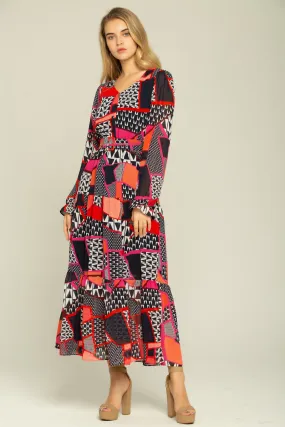 Black Orange Red Mixed Prints Maxi Dress