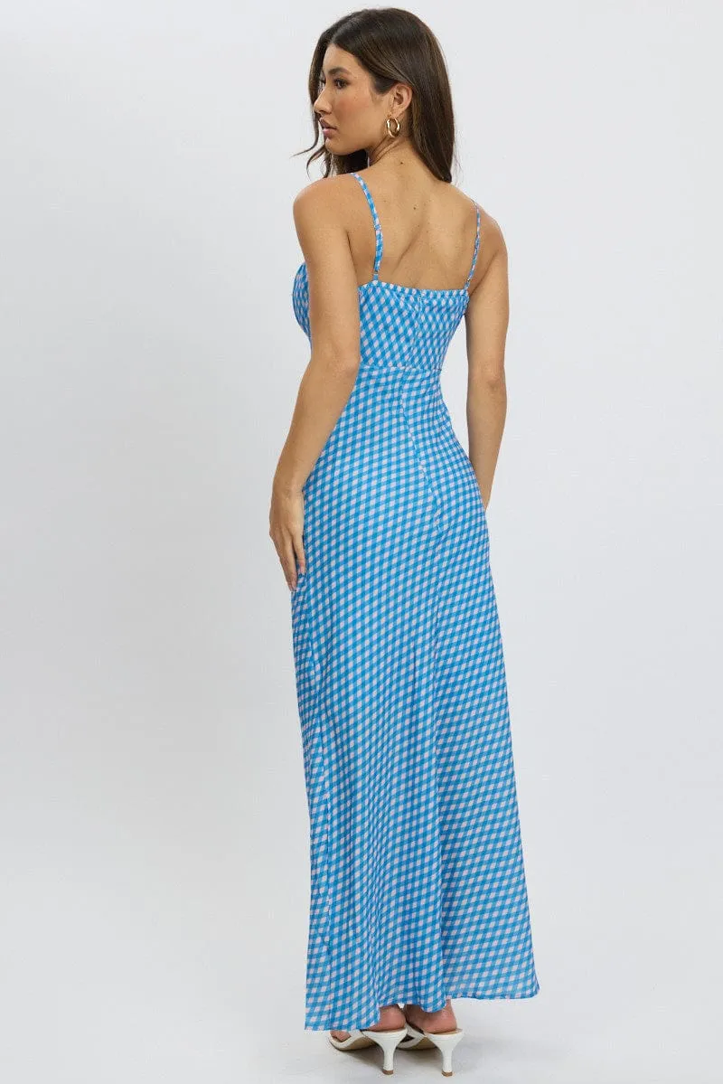 Blue Check Midi Dress Gathering Bust Sleeveless