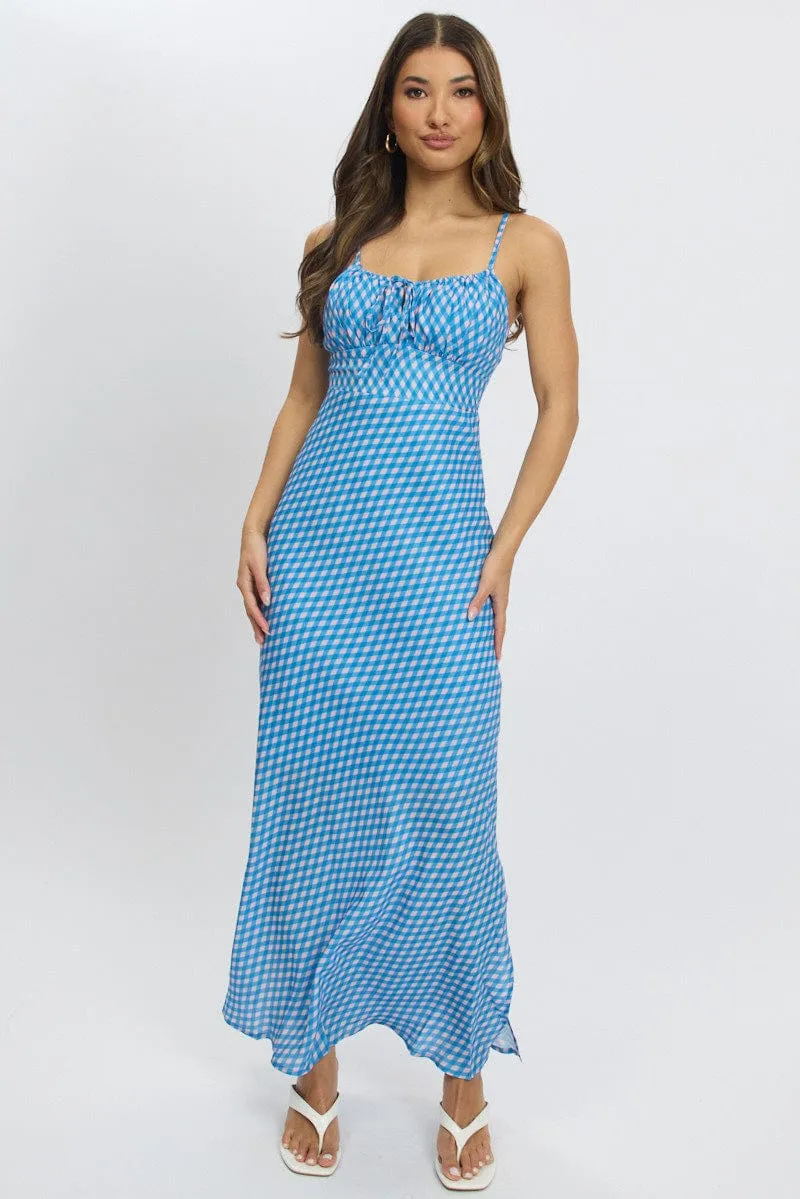 Blue Check Midi Dress Gathering Bust Sleeveless