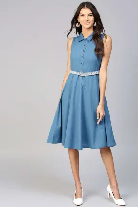 Blue Embroidered Belt Ethnic Midi Dress