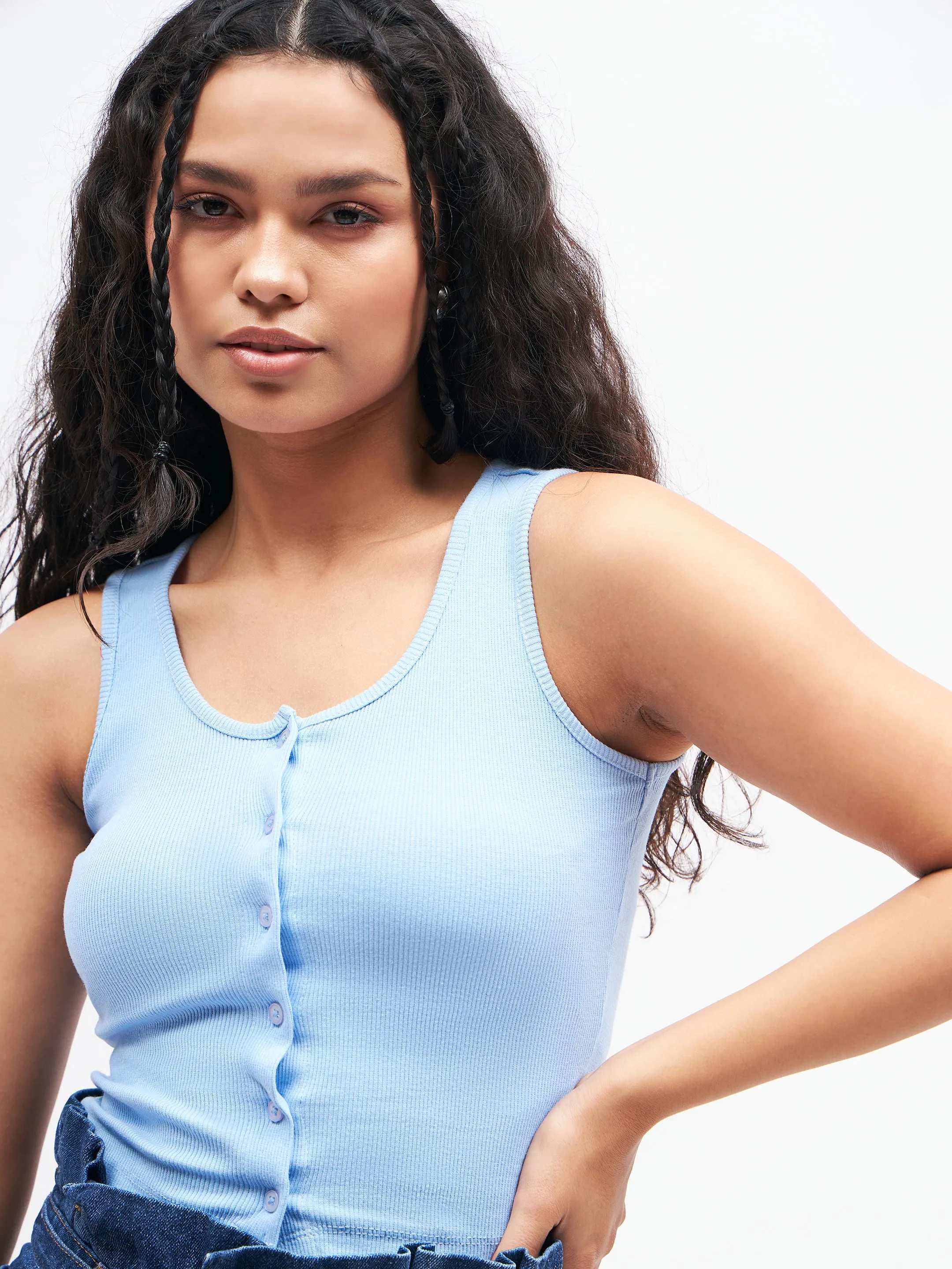 Blue Front Button Sleeveless Crop Top