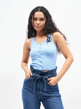 Blue Front Button Sleeveless Crop Top