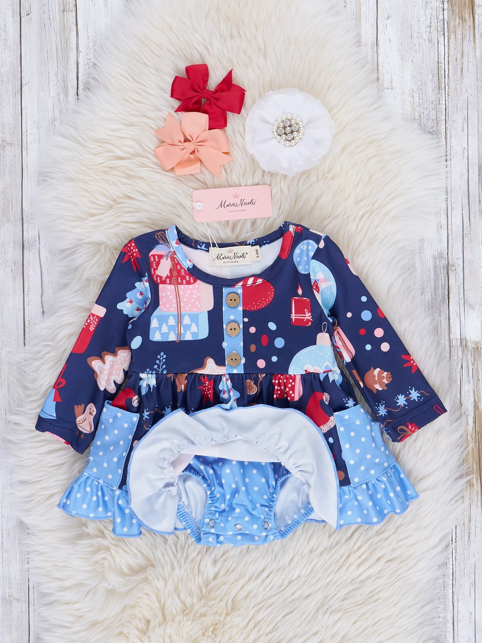 Blue Joyful Holiday Ruffle Romper