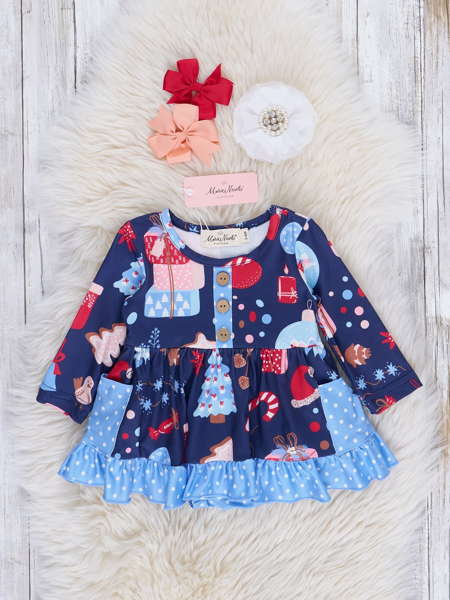 Blue Joyful Holiday Ruffle Romper