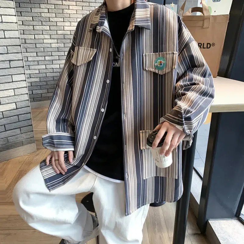 BONSIR  -  Streetwear Young Style Loose Korean Fashion Shirts Casual Striped Handsome Button Pockets Man Spring Summer Men's Clothing