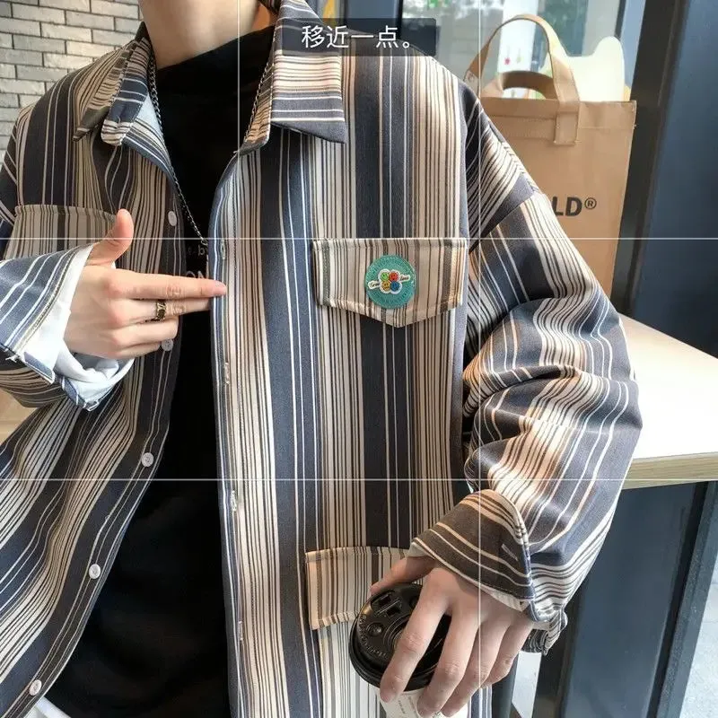 BONSIR  -  Streetwear Young Style Loose Korean Fashion Shirts Casual Striped Handsome Button Pockets Man Spring Summer Men's Clothing