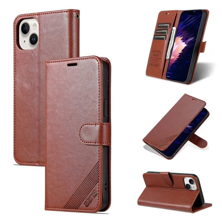 Brown Flip Leather Phone Case Compatible with iPhone 15 Plus, AZNS Sheepskin Texture, Holder Function, Card Slots, Wallet Feature | Luxury PU Leather & TPU Cover for Style & Protection