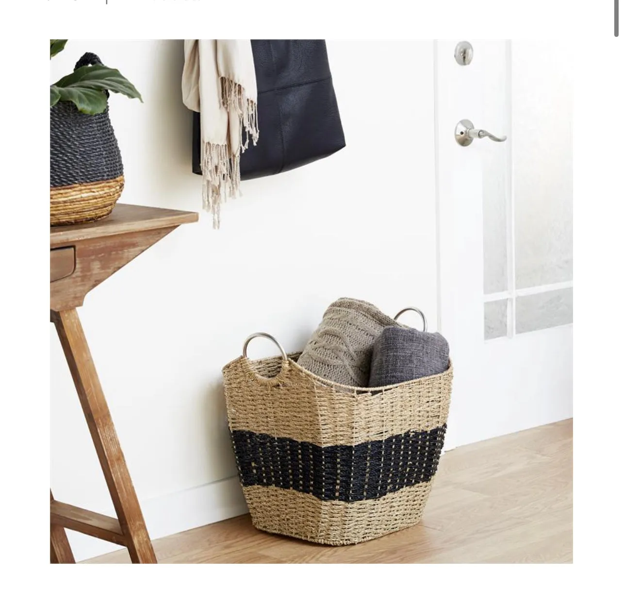 BROWN SEAGRASS HANDMADE TWO TONED STORAGE BASKET WITH METAL HANDLES