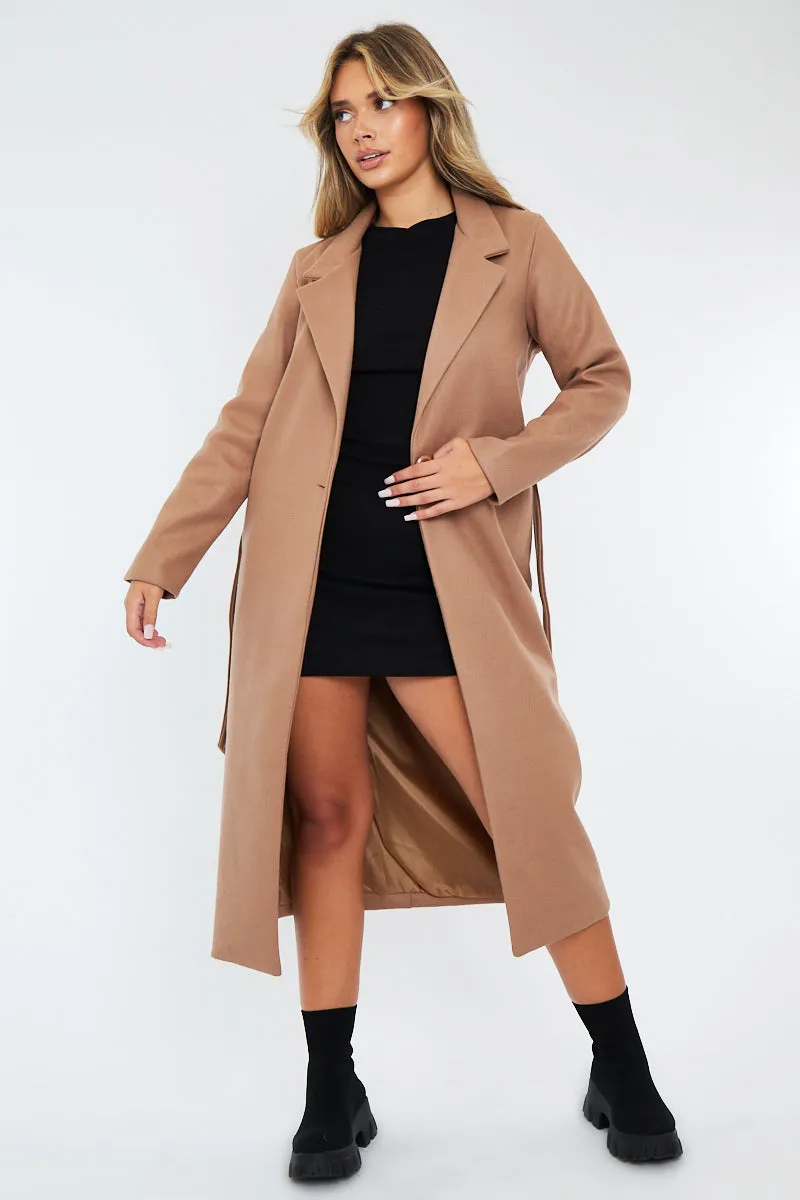 Camel Longline Button Up Belted Tailored Coat - Damiya