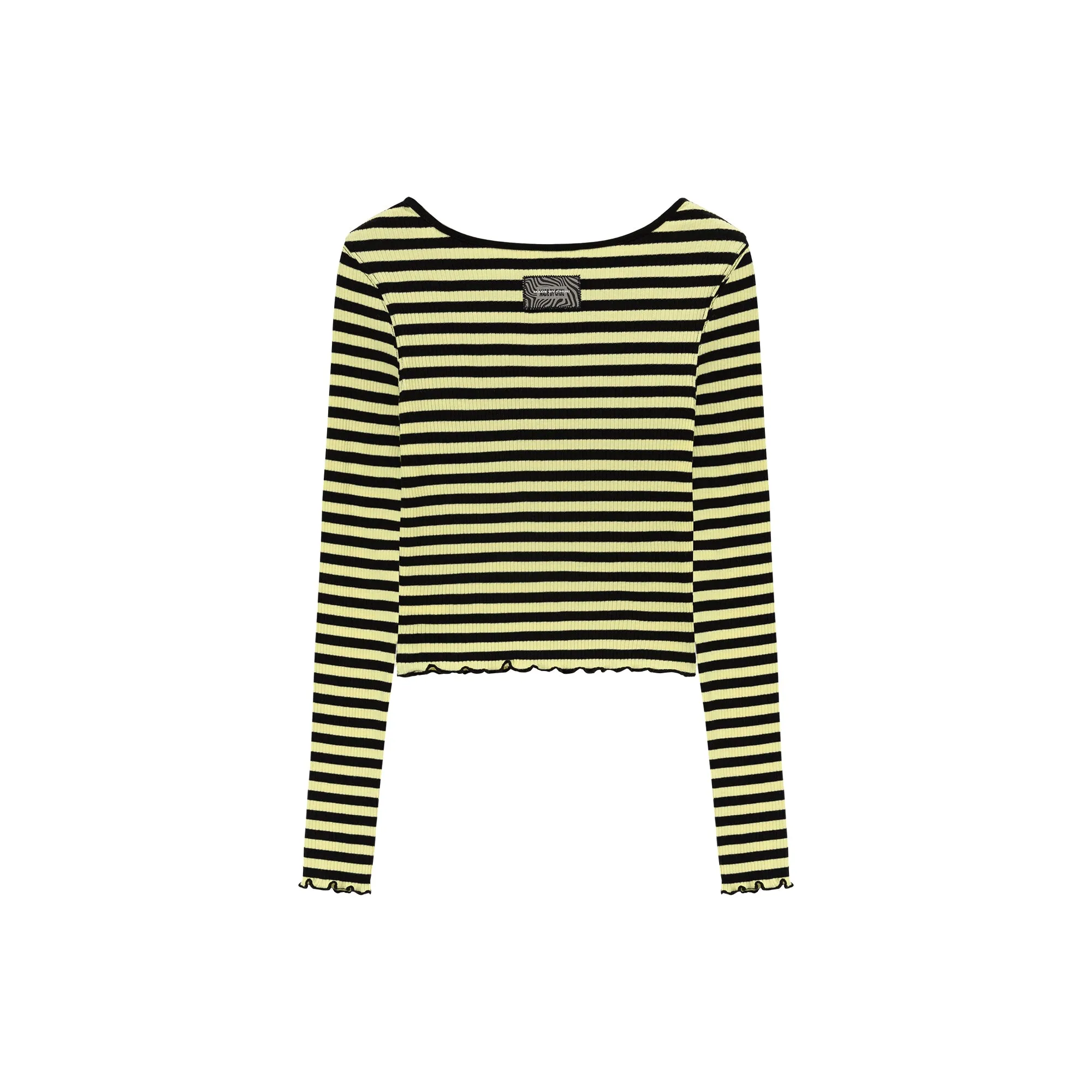 Chest Cutout Frill Long Sleeves Striped Top