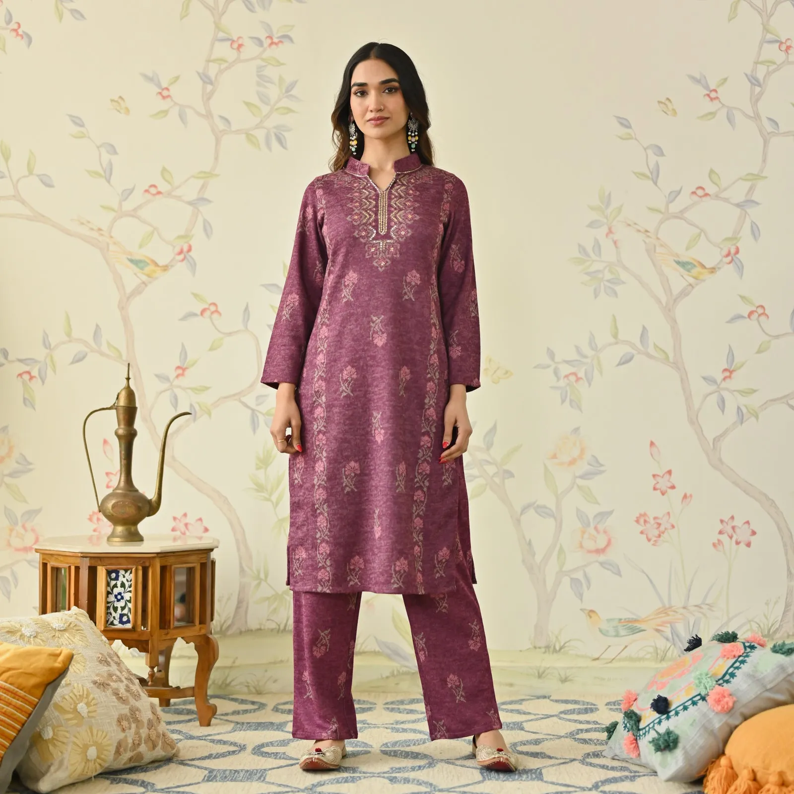 Dusty Pink Embroidered Woollen Kurta