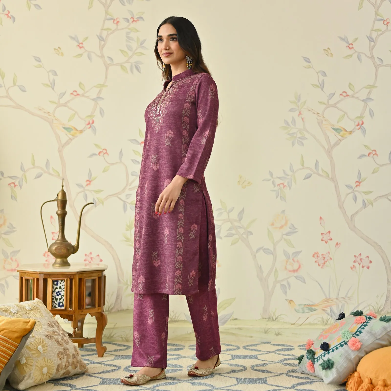 Dusty Pink Embroidered Woollen Kurta