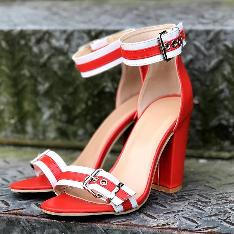 elveswallet Red Ankle Buckle Strap Square Heels