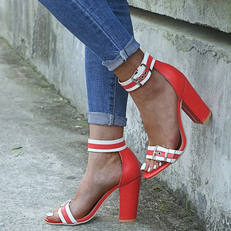 elveswallet Red Ankle Buckle Strap Square Heels