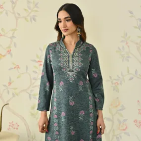 Emerald Green Embroidered Woollen Kurta