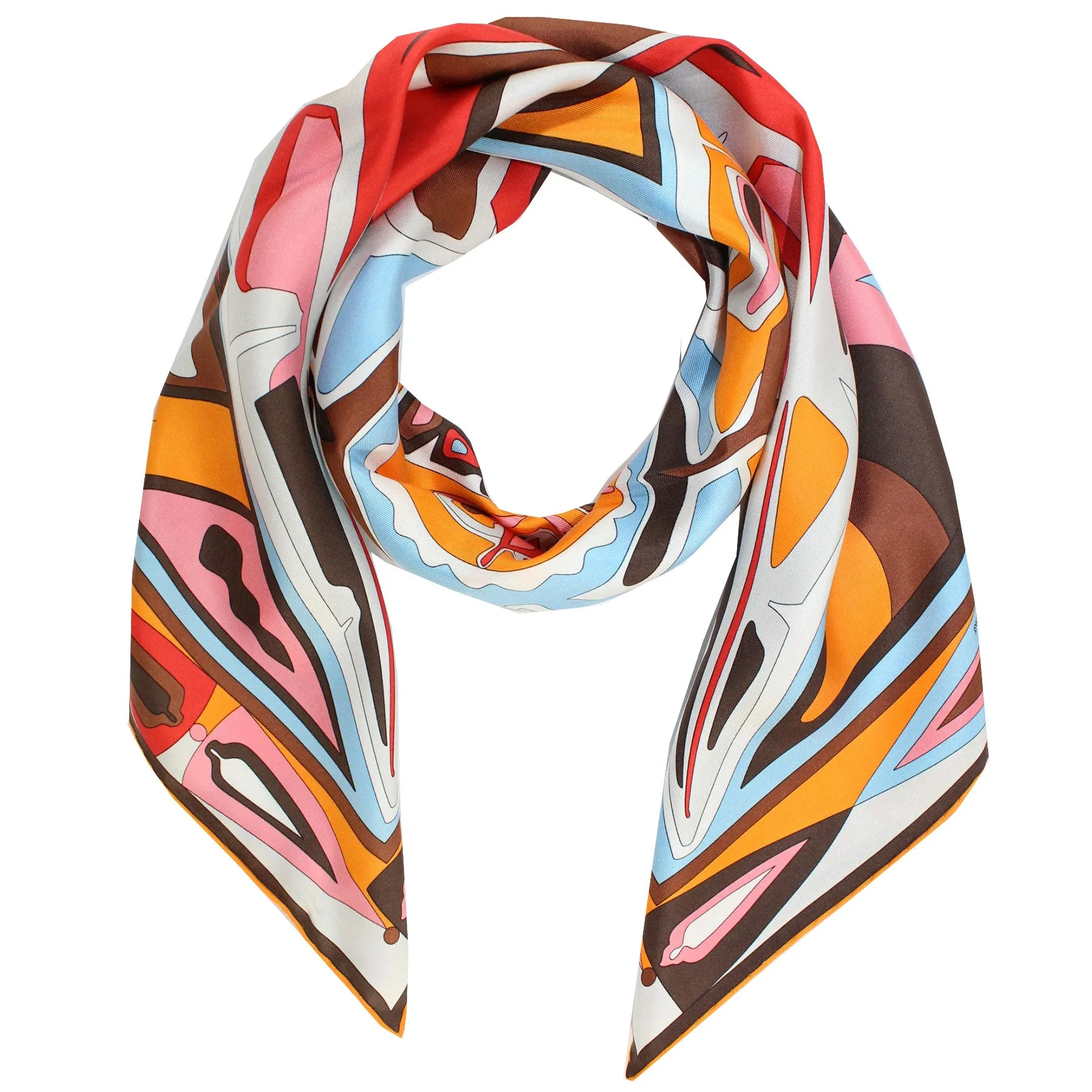 Emilio Pucci Silk Scarf Orange Red Brown Medallions Design - Large Twill Silk Square Scarf SALE