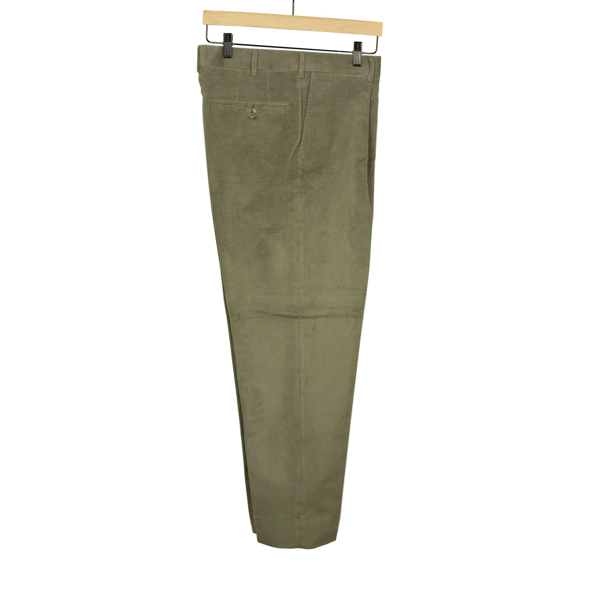 Exclusive Manhattan single-pleated high-rise wide trousers in moss green cotton moleskin