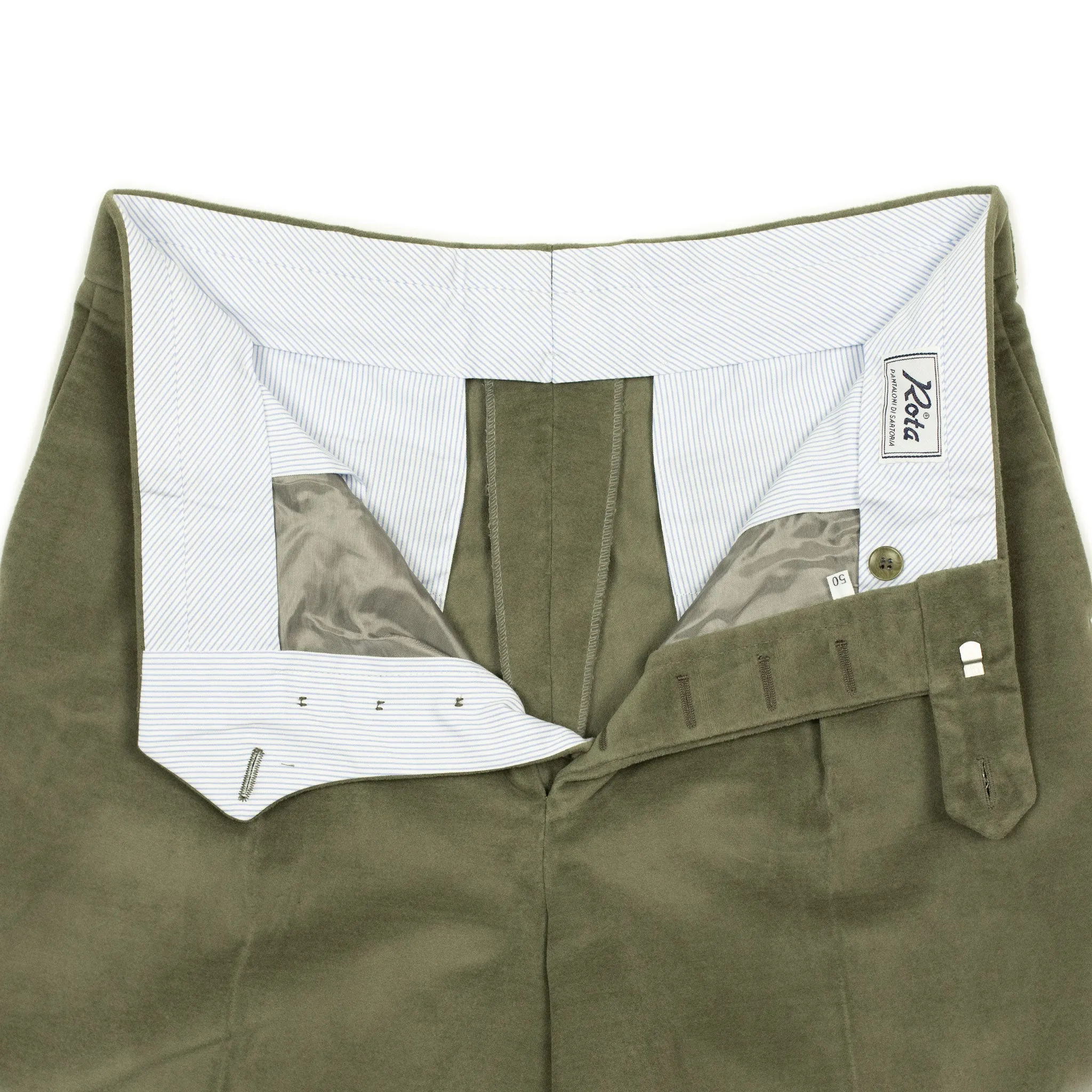 Exclusive Manhattan single-pleated high-rise wide trousers in moss green cotton moleskin