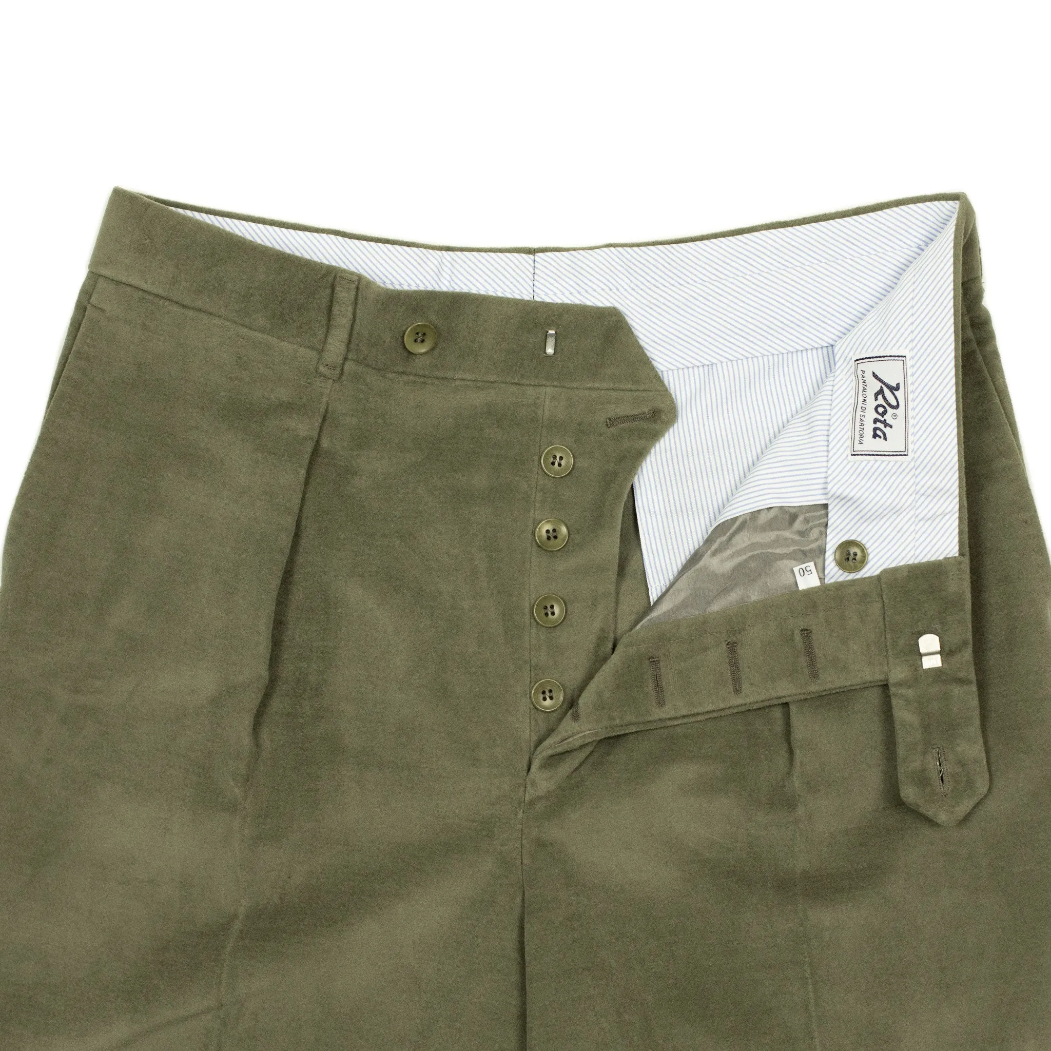 Exclusive Manhattan single-pleated high-rise wide trousers in moss green cotton moleskin