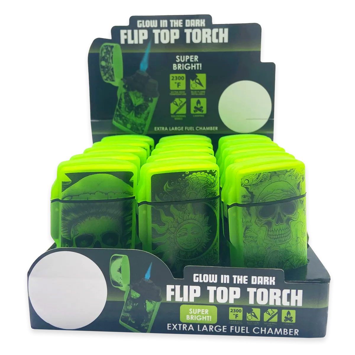 Glow In The Dark Flip Top Torch Lighter - 15 Pieces Per Retail Ready Display 24448