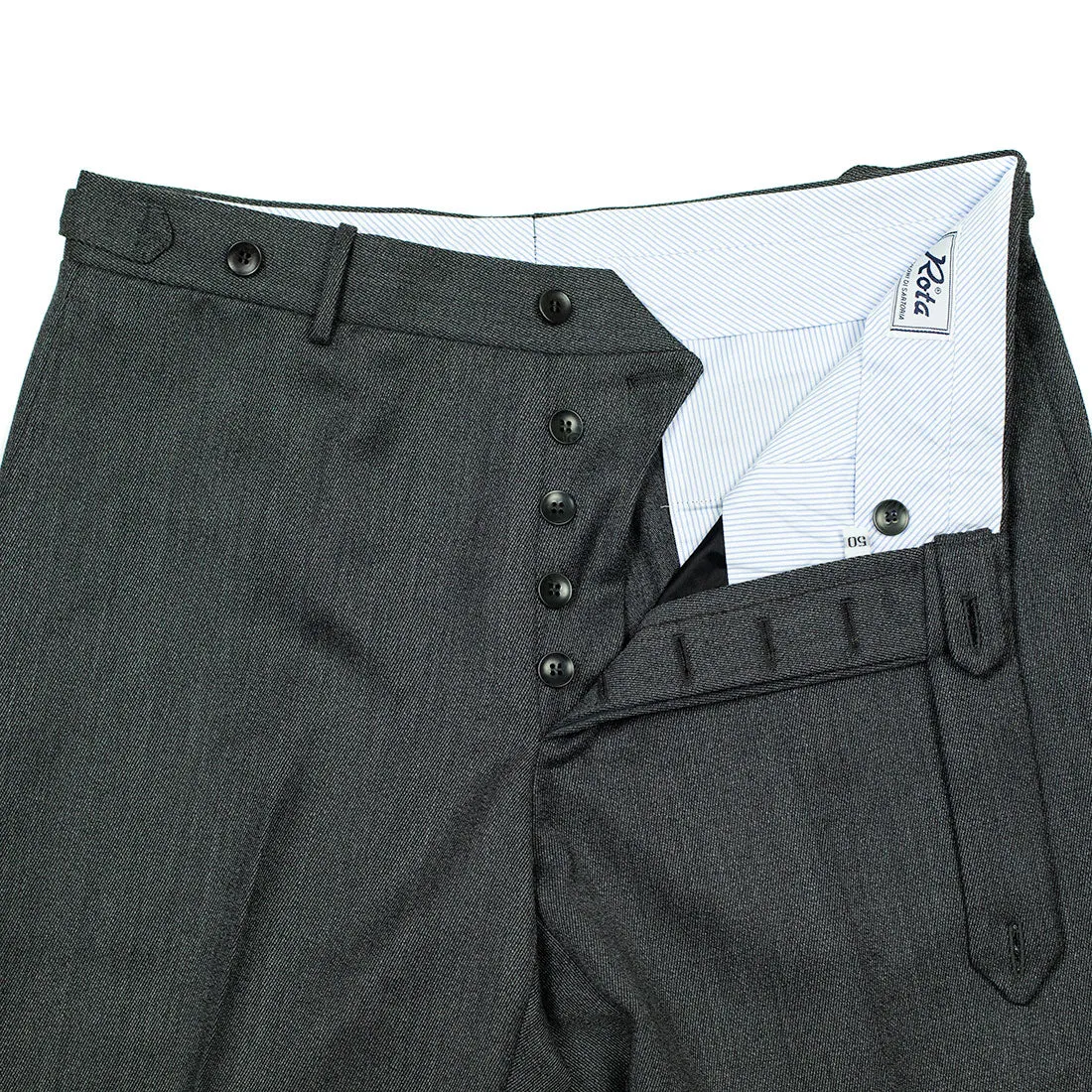 Higher-rise side tab trousers in grey melange cavalry twill wool (restock)