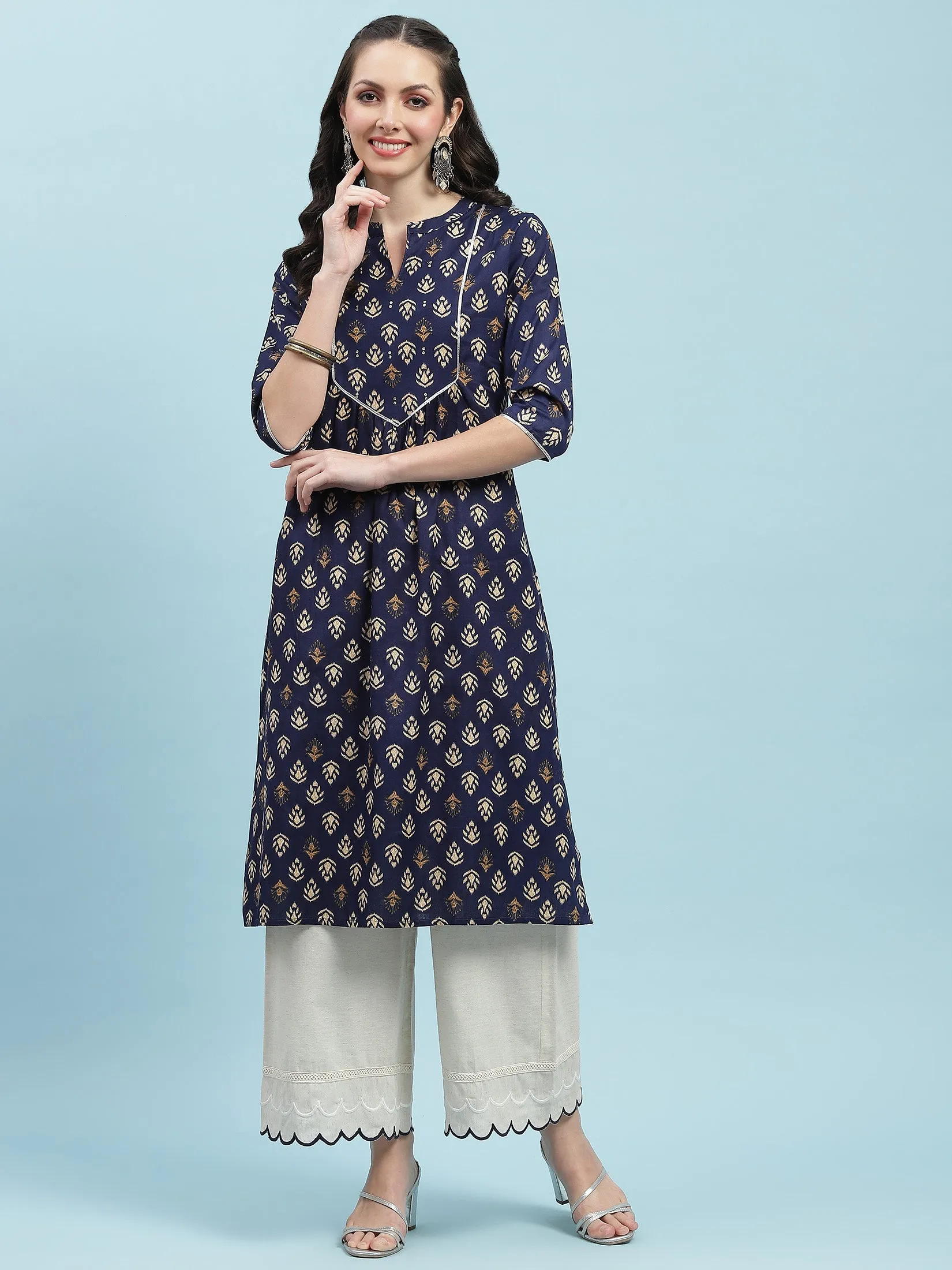 Indiessence Navy Blue Floral Cotton Kurta