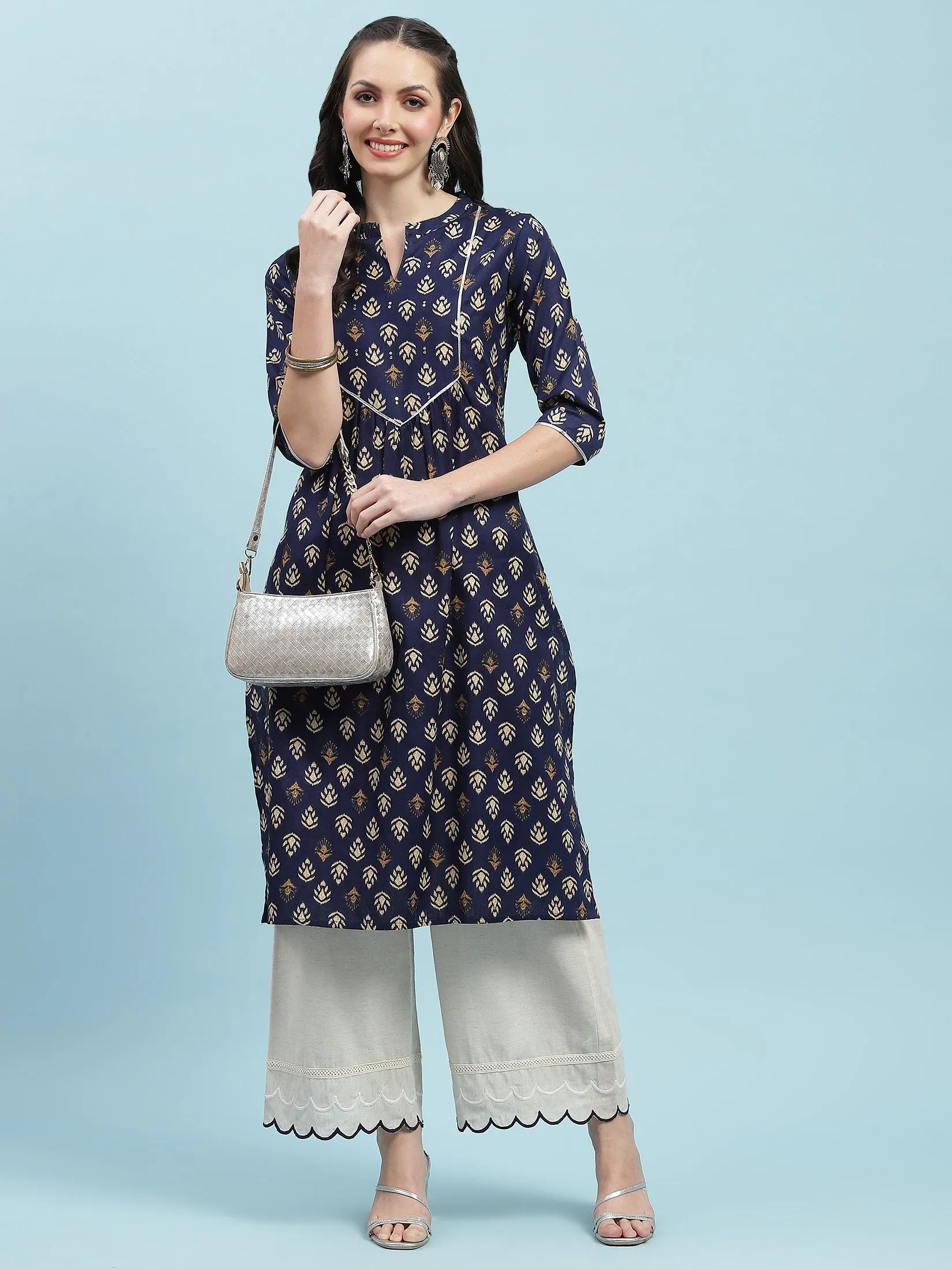 Indiessence Navy Blue Floral Cotton Kurta