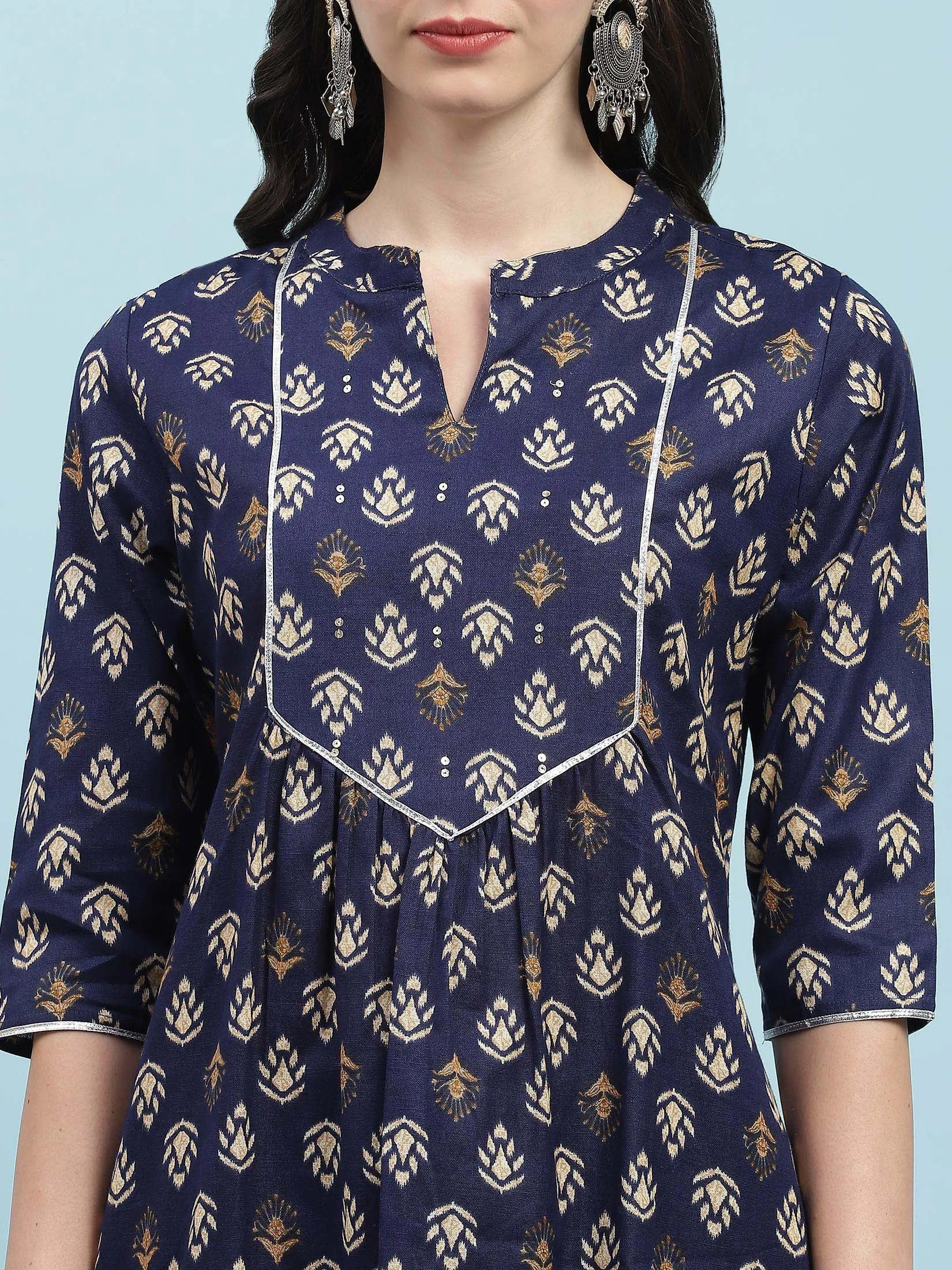 Indiessence Navy Blue Floral Cotton Kurta