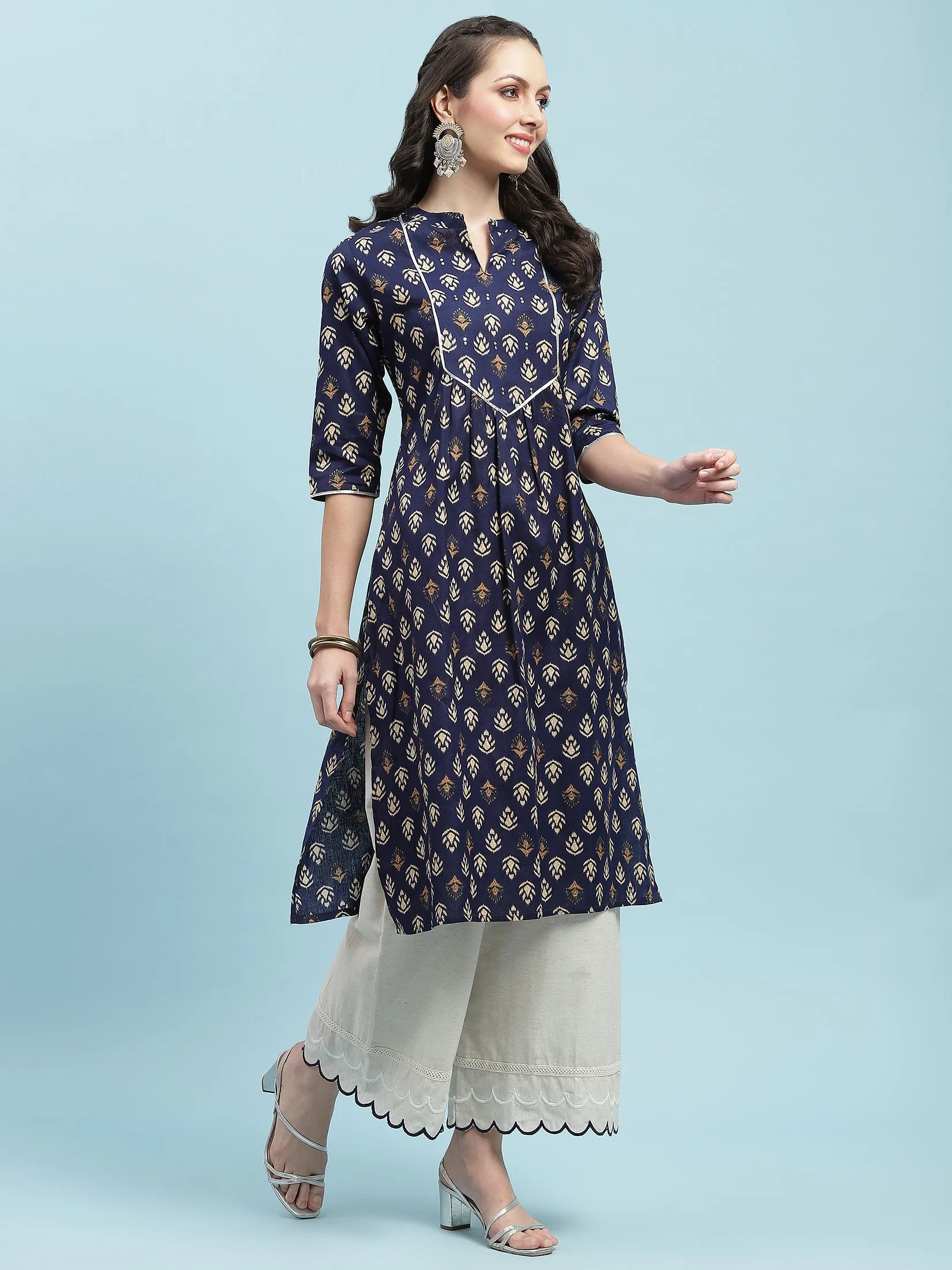 Indiessence Navy Blue Floral Cotton Kurta