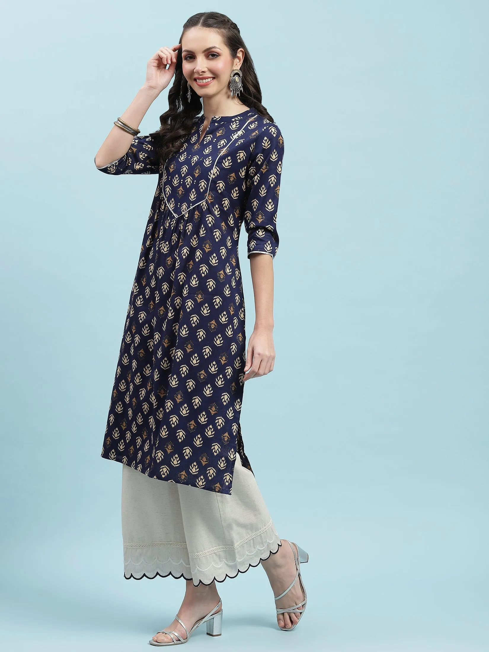 Indiessence Navy Blue Floral Cotton Kurta