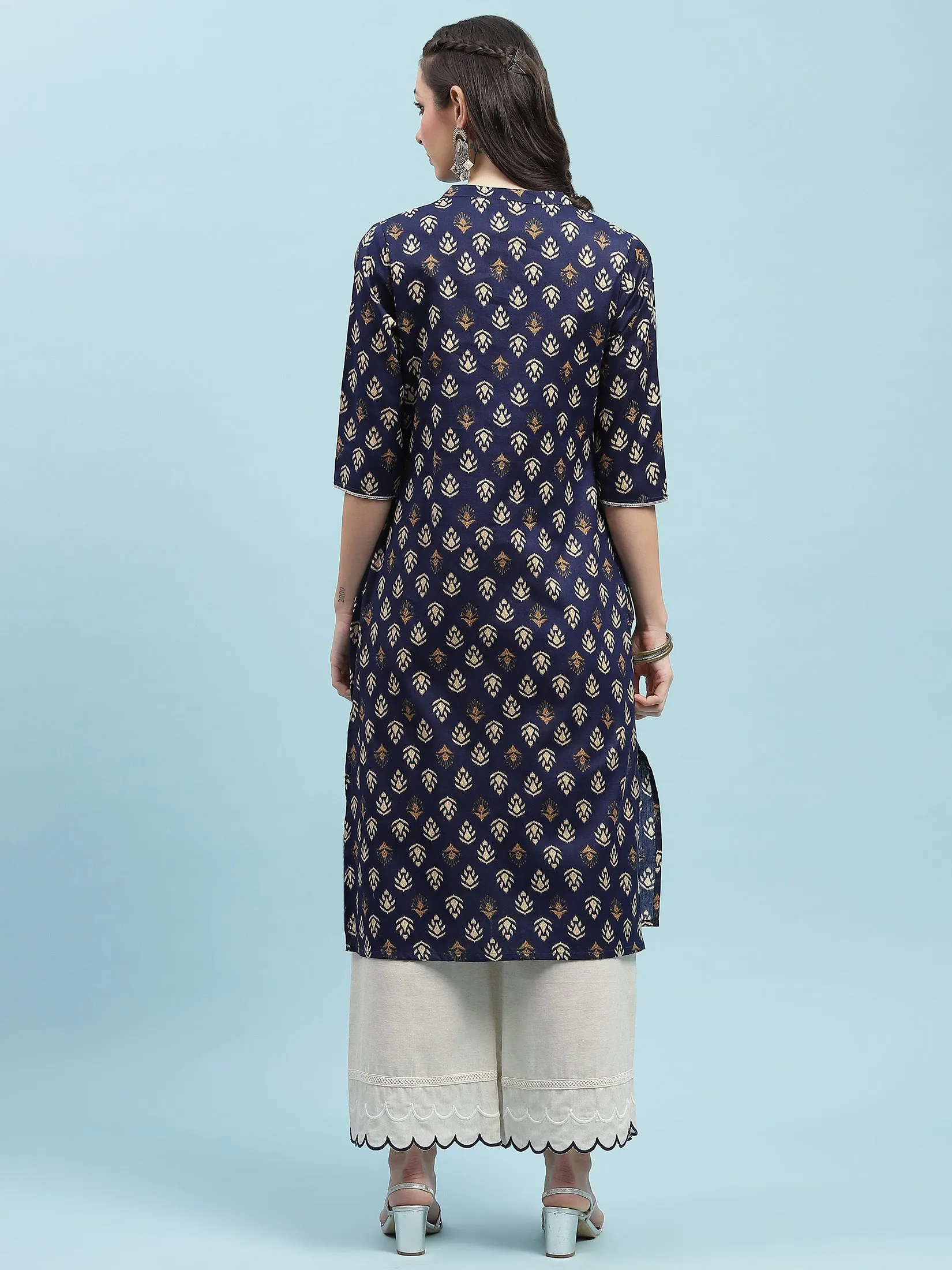 Indiessence Navy Blue Floral Cotton Kurta