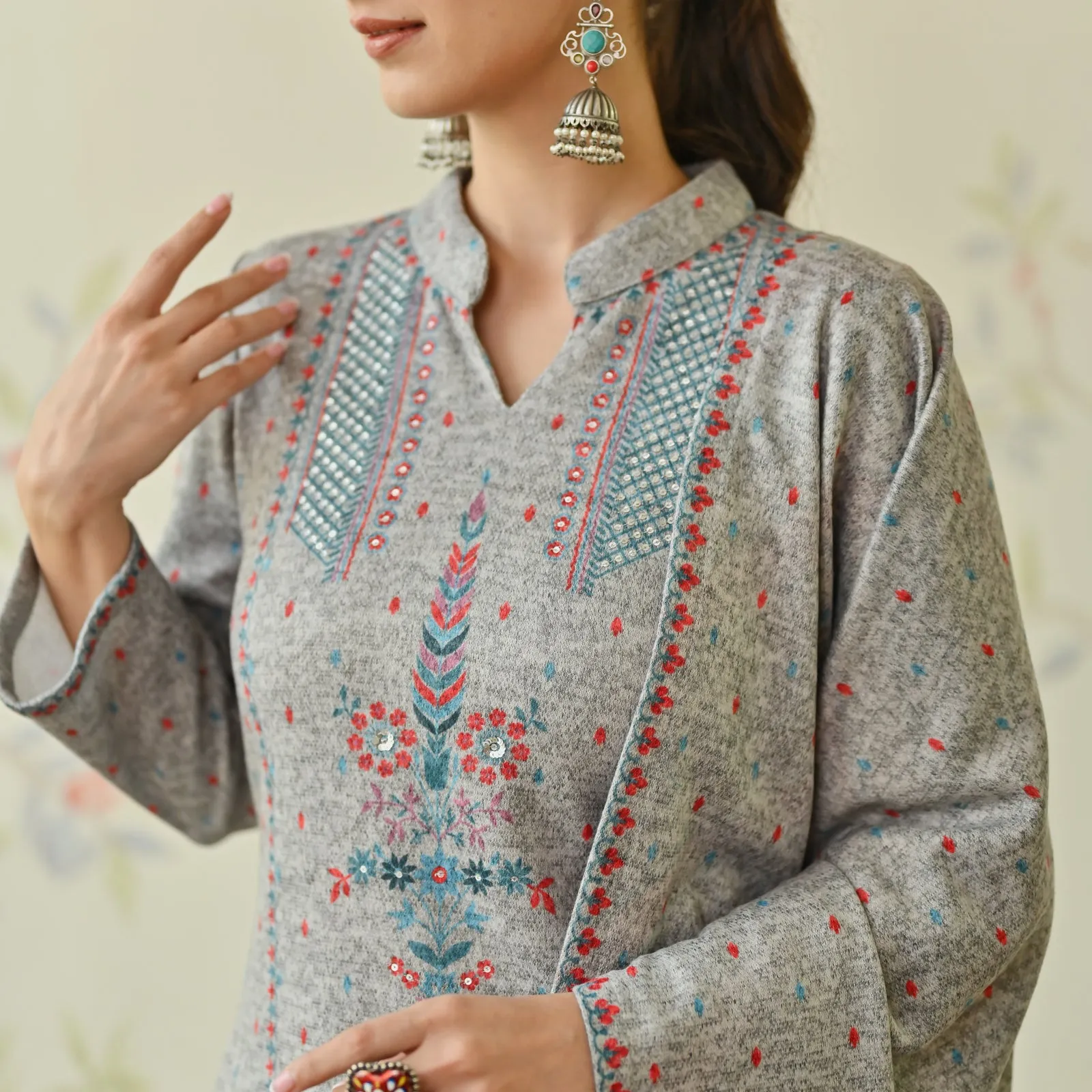 Ivory Embroidered Woollen Kurta