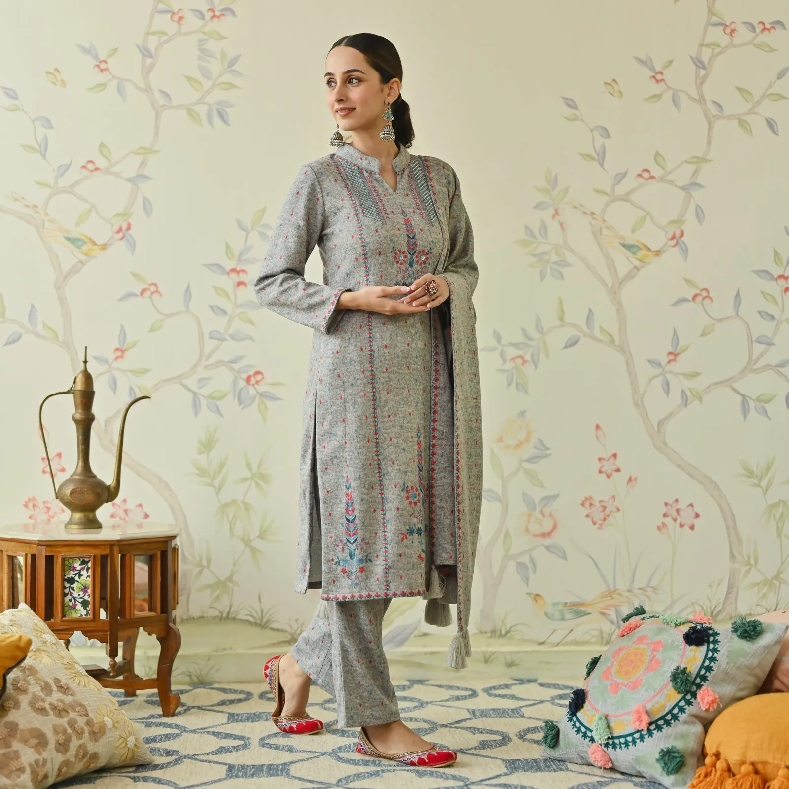 Ivory Embroidered Woollen Kurta